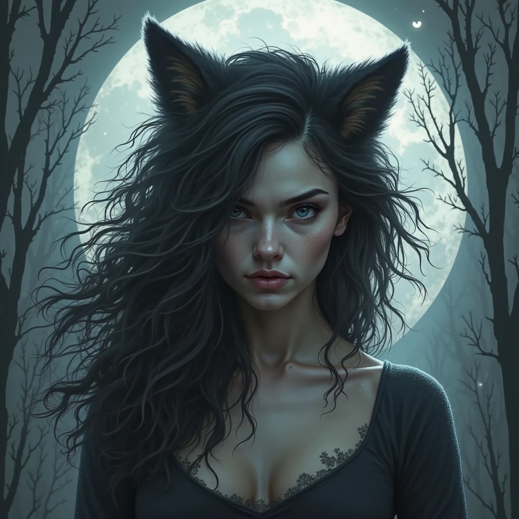 a beautiful woman with black fur, beautiful detailed eyes, beautiful detailed lips, extremely detailed face, long eyelashes, radiating both beauty and terror, in the enchanting Alaska mountains under a full moon night, amidst dry trees and undergrowth, intricate details, greg rutkowski, daniel castan, carne griffiths, andreas lie, russ mills, leonid afremov, comic-book oil painting, ferocity and elegance of nature, black background, visually compelling narrative, mystique of the wild, captivating allure of the female form