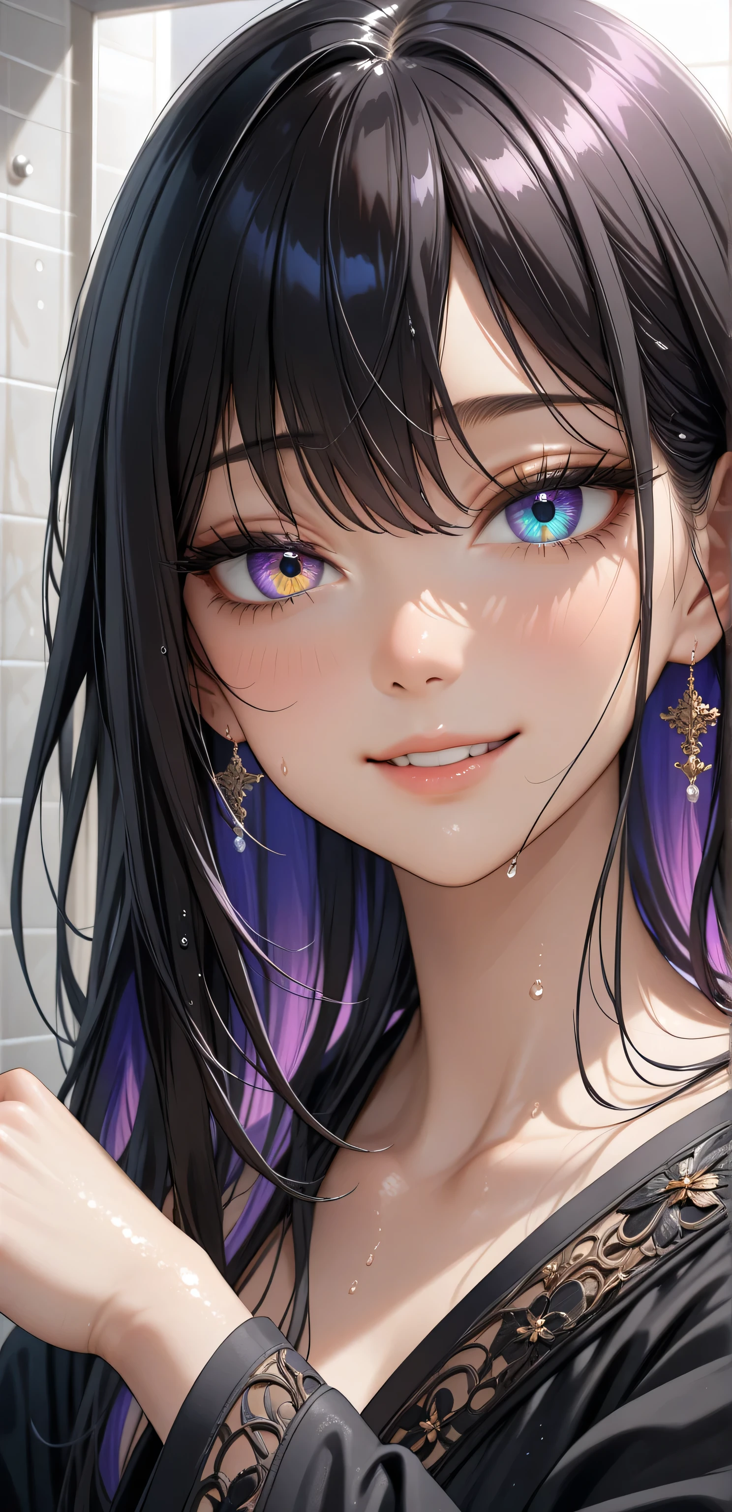 Close up, upper body, Random Sexy pose , ((Ultra detailing)), ((very aesthetic, best quality, ultra detailed)), intricate details, 1girl, ((long hair, Black hair, massy hair, purple inner hair)), ((Multi colour eyes)), ((Detailed eyes)), ((Beautifull eyes)), ((prefect eyes)), ((Ultra detailing eyes)) ,Medium breast, sharp jawline, cute smile,((black Bath robe)), wet, bath room