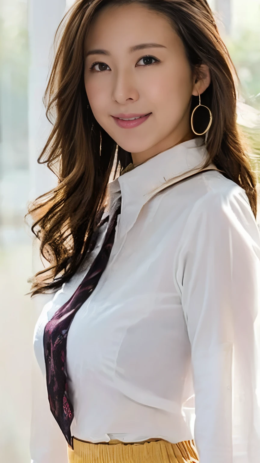 masterpiece, Highest quality, photorealistic, 超high resolution, fine-grained, high resolution,  8k Wallpaper, 1 beautiful woman,, Light Brown Disheveled Hair,  wearing a business suit , sharp concentration, perfect dynamic composition, beautiful detail eye,  detailed hair , detailed realistic skin texture, smile, Closeup Portrait,  model body type being committed in vs 、((Very long brown hair:1.2))、(( loose wavy hair :1.2)),((はにかんだsmile:1.3)),((gold necklace＿big earrings:1.2)),  full body shot 、(((Full-body supermodel standing,   full body shot ,   show my whole body ))),(( White Long Sleeve Button Up Blouse_ with collar_Delete up to the second button＿  brown pleated mini skirt  :1.3)),((smileで_ running towards here_ Long Hair Fluttering :1.3))