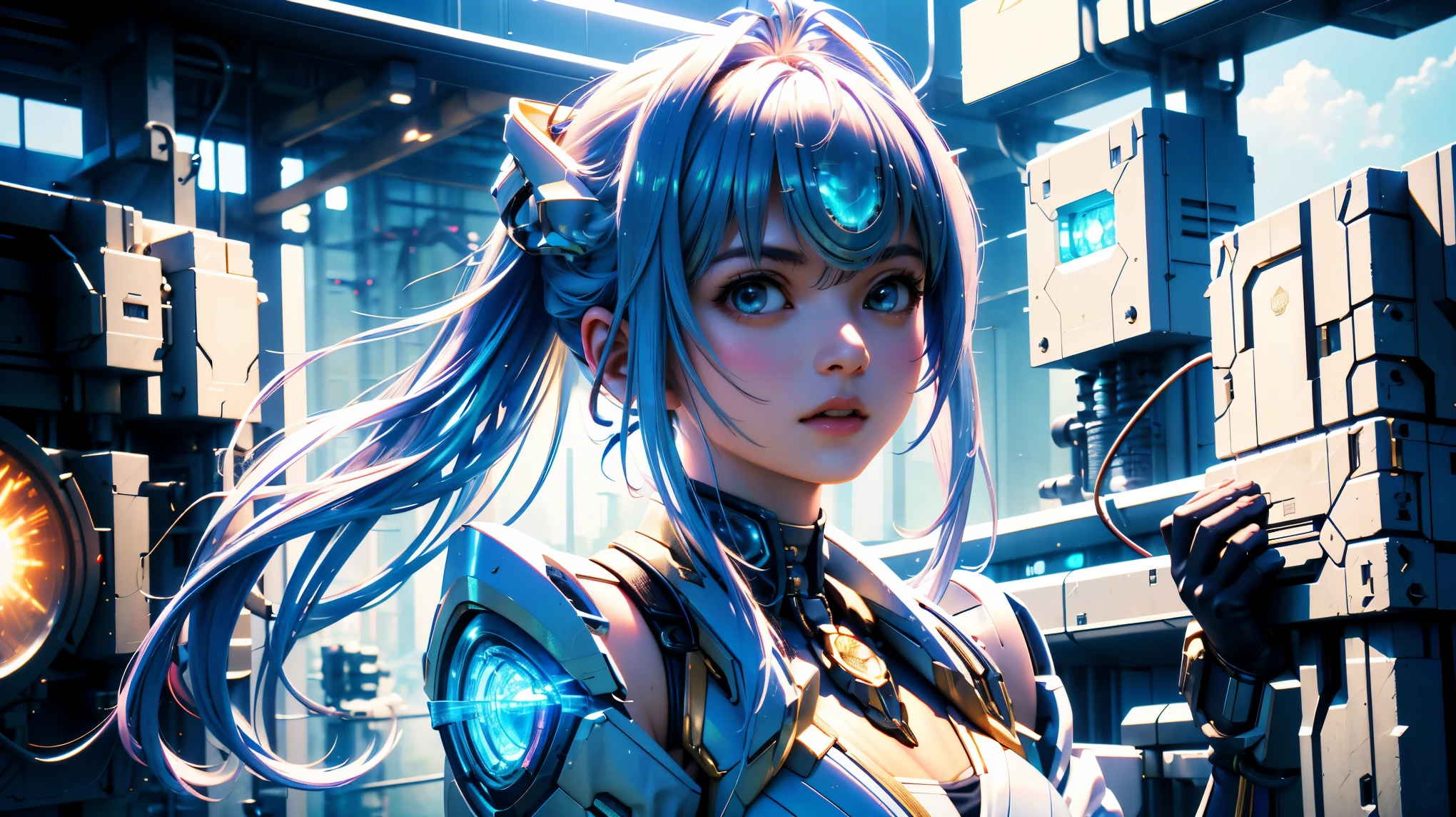 Highest quality、masterpiece、Ultra A high resolution、(photorealistic:1.4)、1 girl、light blue hair、 straight hair ,  SHINY AND CLEAN HAIR 、 White Shiny Skin 、 sexy cyberpunk girl 、(( cyberpunk person ))、shadow、octane rendering、Ultra Sharp、 in bikini 、 fiberglass 、Light emitting tube、 Extremely Complex Details 、 real light 、 CGSoation Trends、(( golden eyes ))、(facing camera)、Neon Details、 Mechanical Hands 、Attractive grueling that has become a hot topic in cloudscape art of mechanical vertebrae、 mechanical neck attached to the neck  、  wires and cables connecting to the head  、Cosmic Background Radiation、 rat path section、(( Valkyrie ))、(( beam gun))