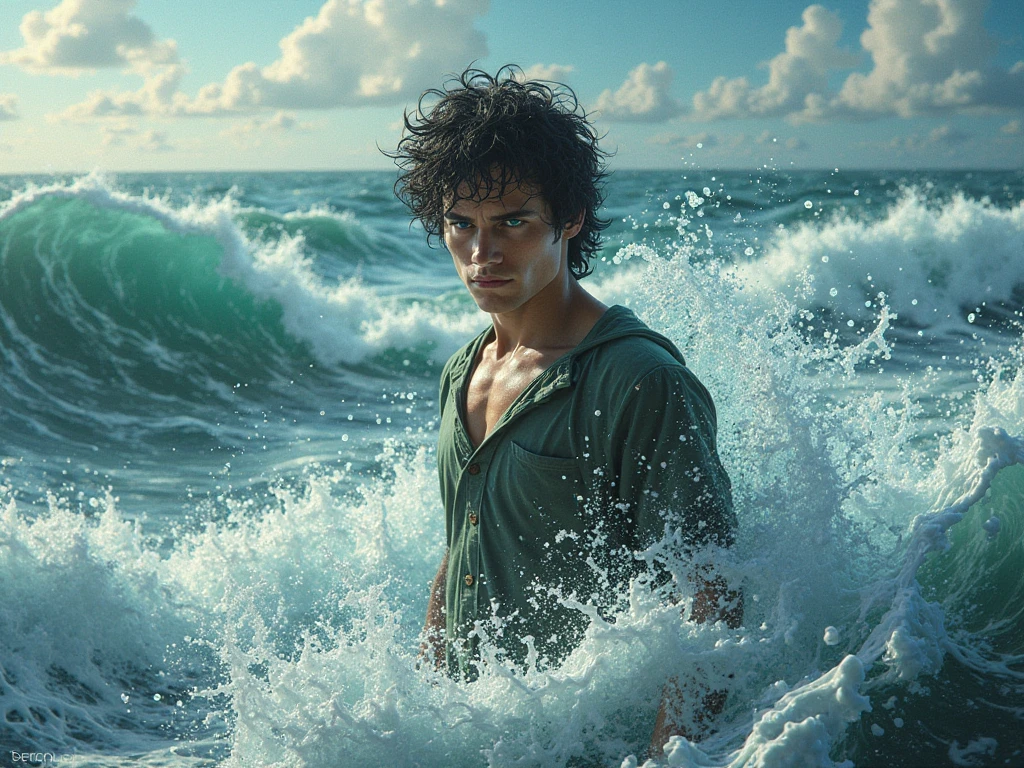 Kai is a lean, wiry teenager with tanned skin from long days spent under the sun. His hair is dark and unruly,The ocean unleashing its fury, with towering waves crashing violently against a tiny boat, tossed around like a leaf in the wind."**