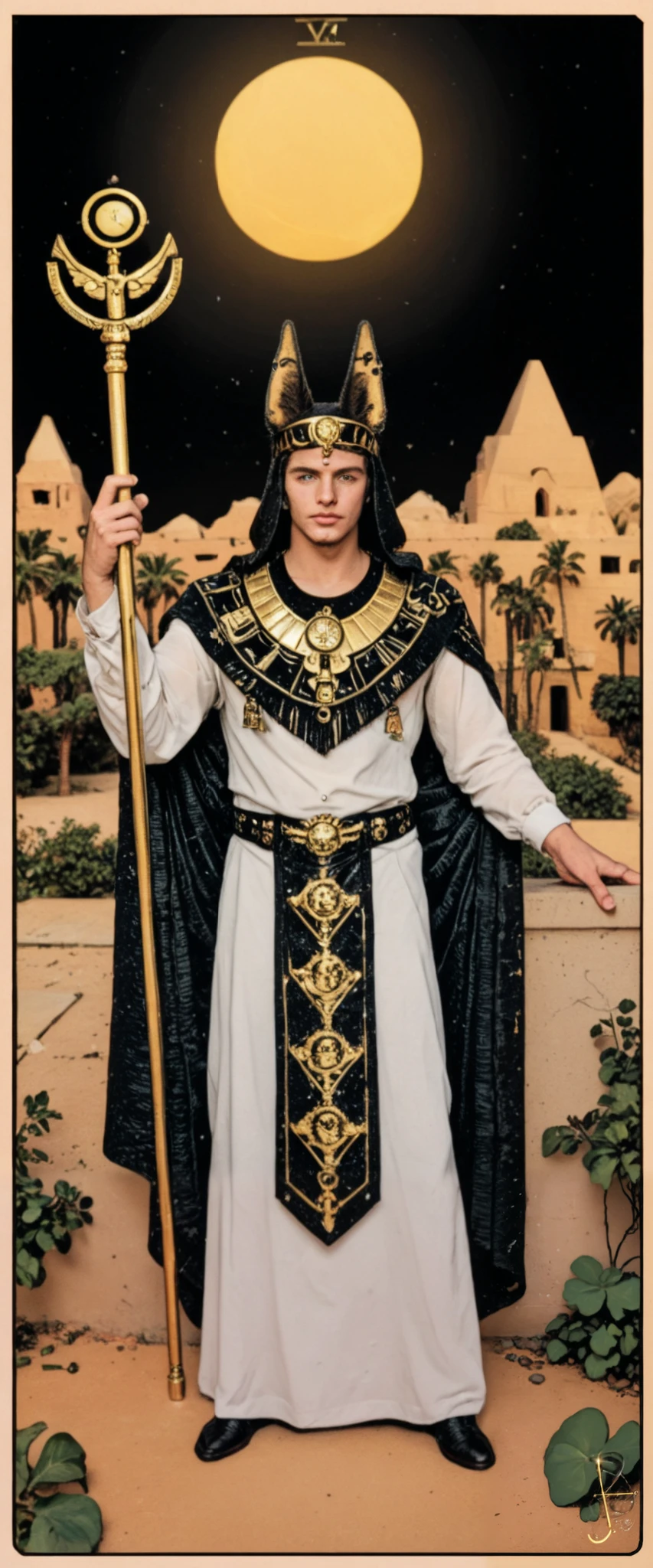Tarot Card: Death – Anubis, Guardian of Transformation Anubis, the Egyptian god of the afterlife, stands tall, his jackal eyes glowing with divine wisdom. Cloaked in dark robes, he holds the Was scepter in one hand and the Ankh in the other—symbols of endings and rebirth. Behind him, an ancient temple crumbles, its ruins swept away by a swirling desert storm, while new structures rise in the distance, bathed in golden light. Above, a solar eclipse casts an ominous glow, marking the shift between death and transformation. A lone figure kneels before Anubis, shedding their past like a tattered cloak, emerging renewed. The winds whisper of change—an ending, yet also a beginning. Oil-painted in rich, textured strokes, this card captures the power of destruction, transition, and rebirth.