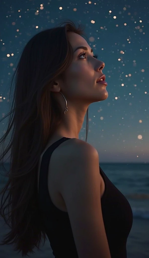 japanese girl　brown bikini　smooth and soft skin　Delicate hair tousled by the wind　Ocean　summer night　sandy beach　starry sky　A dream-like huge and realistic full moon　professional lighting