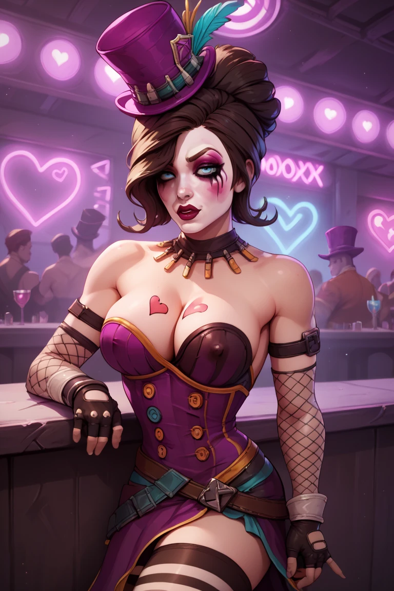 mad moxxi, masterpiece, best quality, 1girl, , makeup, red lips,, breasts, weapon, jewelry, heart, breast tattoo, solo,, lipstick, night, , tattoo, , bare shoulders, hat, , eyeshadow, , hand on hip, earrings, hair over one eye, no clothes naked, mole, heart tattoo, gem, spikes, cowboy shot, smile, nail polish, standing, night sky, looking at viewer , mole above mouth, large breasts, backlighting, bowler hat, legs apart showing pussy , sky, indoors, signature, leg tattoo, , star \(sky\), parted lips, , black nails, outdoors, , star \(symbol\), lights, necklace, short hair, eyeliner,, flipped hair, top hat, spiked bracelet, swept bangs, mascara, pale skin, brown hair, double-breasted, lips, elbow gloves, diamond \(shape\), starry sky, english text, spade \(shape\), artist name, one eye covered, bangs, detached collar, hand up, hoop earrings,, facial tattoo, bullet, grin, wavy hair, grey eyes, red gemstone, bullet hole, nose, single hair bun, fingernails, red nails, sign, choker, pink lips,, thighs, , fishnet thighhighs, mole under mouth, , lip piercing, eyelashes, cuffs, light smile, hair bun, money, uneven legwear naked pussy remove all clothing items realistic pussy realistic nipples