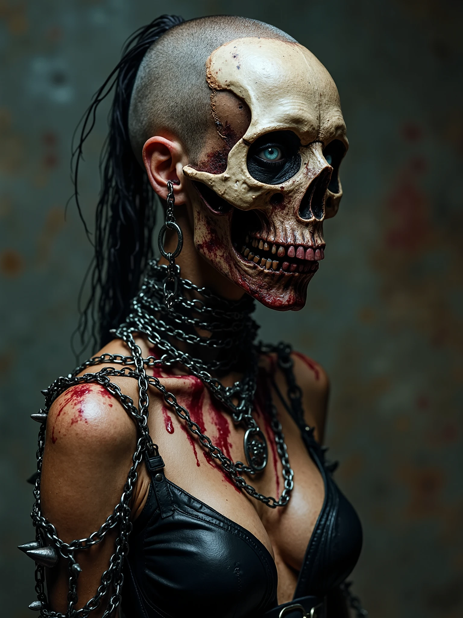 Beautiful Female cosmic necromancer with half rotten face,entity,necromancer warrior queen,skull as a mask,exenomorph tongue and teeth beautiful Lilith dressed seductive and sexy,chain dress black leather,satanic occult ambiance,half nude,spilled with red and black goo,dark makeup,dark surrealism,dark realistic photography, dark occult art,melancholic dark art, surreal dark art,realistic look,bone and metal chains armour, with spikes on the wrists and chain hooks,cosmic background,nude dark art,death and darkness, deformed jaw, half shaved hair,eye tattoo on her shaved part