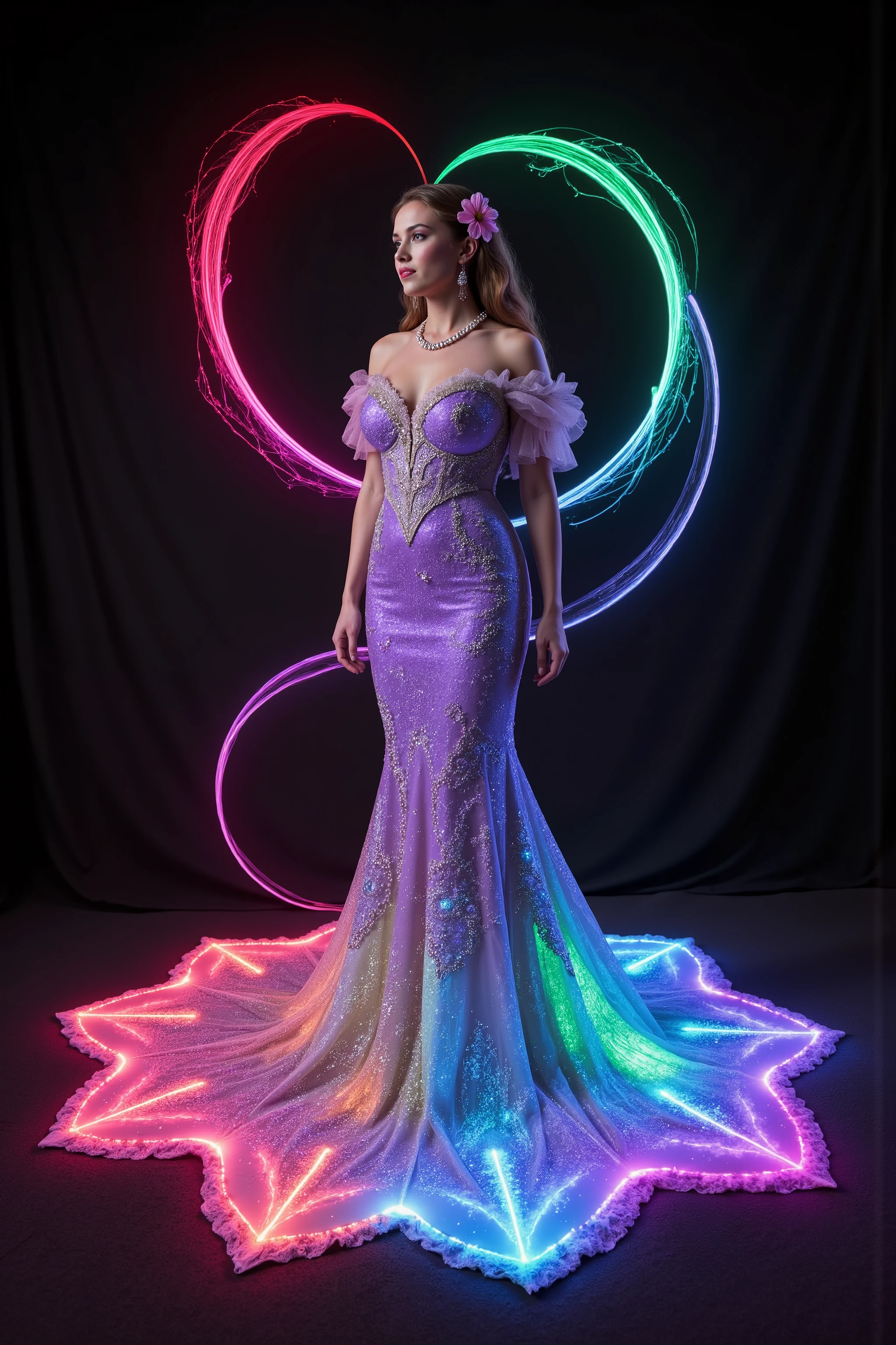 <lora:Spirals of light,Glitterhud_wht_gwn, a satin and tulle off-shoulder sleeveless full-length gown with a fitted bodice and a flared skirt. Florescent athe gown has sheer puff sleeves adorned with floral appliqués, sweetheart-shaped neckline lace, neon pin details the embroidered detailing that extends down the front, creating a V-shape. A pearl necklace and a small pink flower complete the elegant ensemblehud_wht_gwn, a satin and tulle off-shoulder sleeveless full-length gown with a fitted bodice and a flared skirt. the gown has sheer puff sleeves adorned with floral appliqués, sweetheart-shaped neckline has embroidered detailing that glows with color and extends down the front, creating a V-shape. Colorful swirl lines light up around the woman while the dress glows from lots of vibrant neon and luminescent colors stitched in the mermaid gown she wears. Open the bottom of the dress so that the fabric creates a puddle shape several feet in circumference on the ground. Give the skirt seems glow in the dark paint, and neon colors that shoot up the entire dress. The dress is made of highly reflective material, so all the light from the swirls around her are amplified and reverberate the glow outwards in a pulse of light and color against the contrasting black background. Very dramatic pose. Dramatic lights and color. Make the woman look more attractive. Surrealism, asthetically incredible, light display, multi colored swirls light up around the girl. Light moves out in waves of color. Iconic character. Iconic image. Ultra-realistic, photorealistic, cinematography, ultra detailed. Very Long wavey hair, Motion Lines, Sparkle, Emphasis Lines, Motion Blur, Speed Line,Cinematic Lighting,Glowing Light, Reflection Light, God Rays, Action Painting, Icon Style, Realism, Tumbledown, Portrait Photography, Fujicolor, Hair Ribbon,Choker, Super Detailed, Best Quality, Action Painting, Masterpiece, From Below, Parted Lips, neon, lit up colored swirls, against a black background.