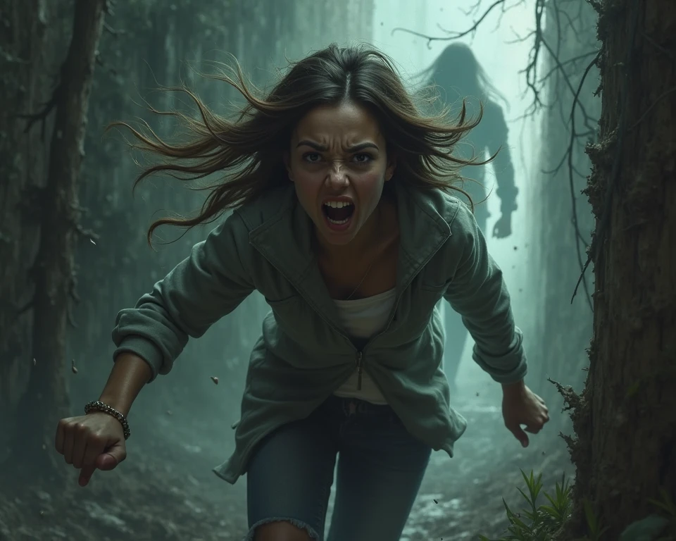 Woman with layered brown hair, yellow-eyed furious, wearing a black top and ripped jeans, she is turning into a werewolf, she runs through the forest jumping over a fallen tree