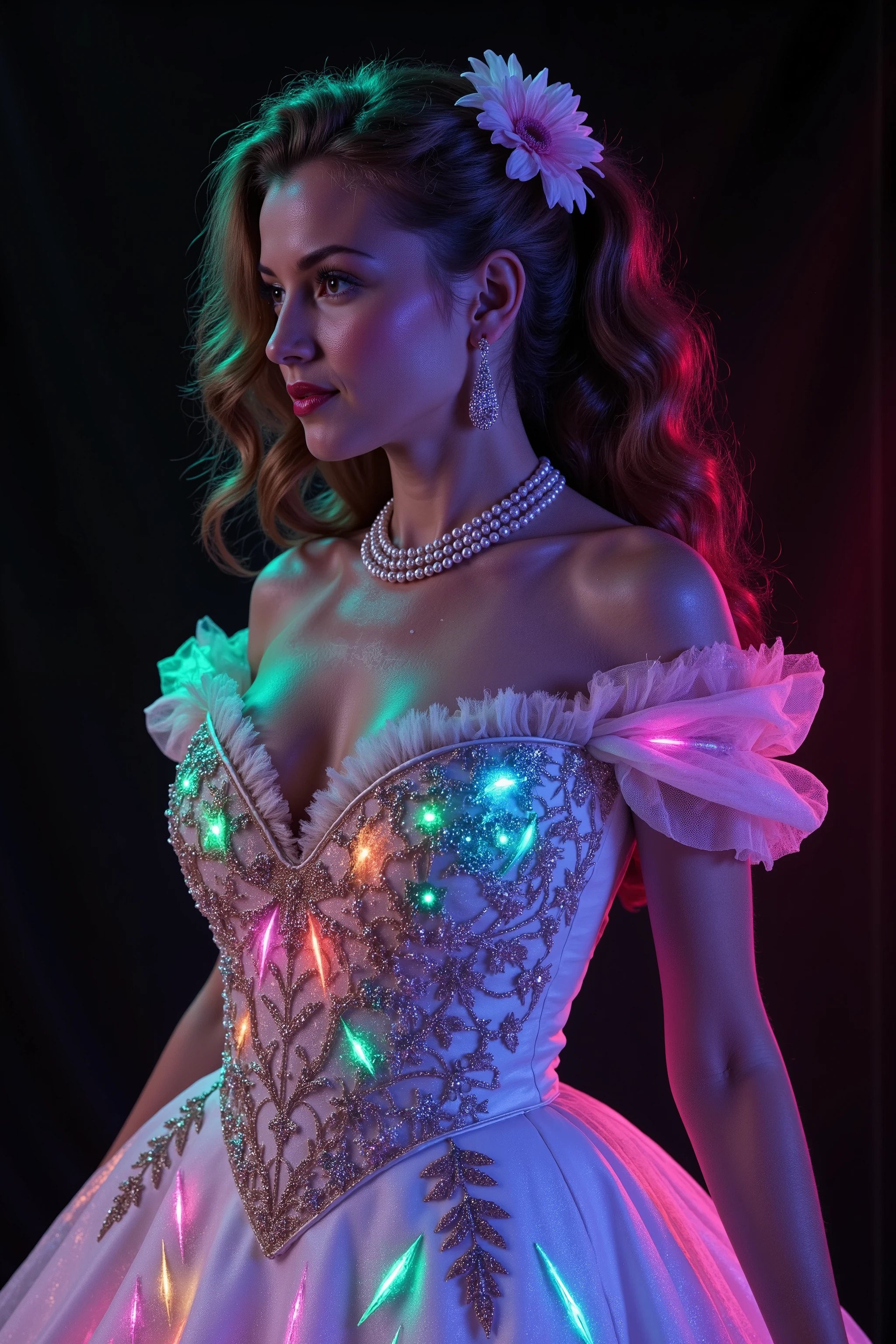 <lora:Spirals of light,Glitterhud_wht_gwn, a satin and tulle off-shoulder sleeveless full-length gown with a fitted bodice and a flared skirt. Florescent athe gown has sheer puff sleeves adorned with floral appliqués, sweetheart-shaped neckline lace, neon pin details the embroidered detailing that extends down the front, creating a V-shape. A pearl necklace and a small pink flower complete the elegant ensemblehud_wht_gwn, a satin and tulle off-shoulder sleeveless full-length gown with a fitted bodice and a flared skirt. the gown has sheer puff sleeves adorned with floral appliqués, sweetheart-shaped neckline has embroidered detailing that glows with color and extends down the front, creating a V-shape. Colorful swirl lines light up around the woman while the dress glows from lots of vibrant neon and luminescent colors stitched in the mermaid gown she wears. Open the bottom of the dress so that the fabric creates a puddle shape several feet in circumference on the ground. Give the skirt seems glow in the dark paint, and neon colors that shoot up the entire dress. The dress is made of highly reflective material, so all the light from the swirls around her are amplified and reverberate the glow outwards in a pulse of light and color against the contrasting black background. Very dramatic pose. Dramatic lights and color. Make the woman look more attractive. Surrealism, asthetically incredible, light display, multi colored swirls light up around the girl. Light moves out in waves of color. Iconic character. Iconic image. Ultra-realistic, photorealistic, cinematography, ultra detailed. Very Long wavey hair, Motion Lines, Sparkle, Emphasis Lines, Motion Blur, Speed Line,Cinematic Lighting,Glowing Light, Reflection Light, God Rays, Action Painting, Icon Style, Realism, Tumbledown, Portrait Photography, Fujicolor, Hair Ribbon,Choker, Super Detailed, Best Quality, Action Painting, Masterpiece, From Below, Parted Lips, neon, lit up colored swirls, against a black background.