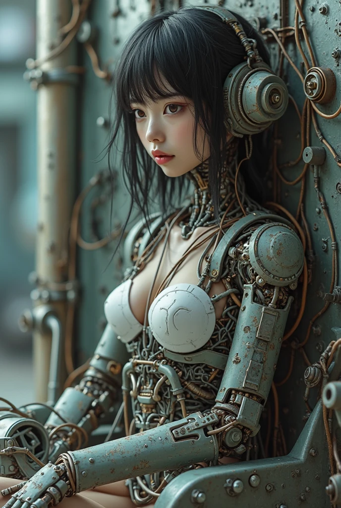 beste-Qualit、masterpiece、Super-High Resolution、(photorealisitc:1.4)、Raw photo、女の子1人、Black hair、glowy skin、Steampunk Girl、((Ultra Realistic Detail))、portlate、Global Illumination、Shadow、octan render、in 8K、ultrasharp、hugetits、Raw skin is exposed in cleavage、Biological details、ergonomics、steampunc、glass、krystal、Transparent parts、Golden gears、Hydraulic cylinder、Details of complex ornaments、Evangelion details、Luminous tube、highly intricate detail、Realistic light、CGSoation Trends、purple-eyed、radiant eyes、Facing the camera、neon details、Mechanical limbs、blood vessels connected to tubes、Mechanical vertebrae attached to the back、mechanical cervical attaching to neck、sitting on、Wires and cables connecting to the head、Small LED lamp、The backdrop is a steampunk city of the future、