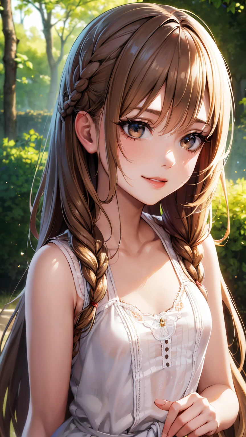obra de arte, Melhor qualidade, 1 garota, Sozinho, ((mulher madura)), alunos redondos, long cabelo, cabelo, princess, vestido de ouro branco, feliz, olhando para o espectador, desenho animado, anime, brown cabelo, (oil painting) na floresta.