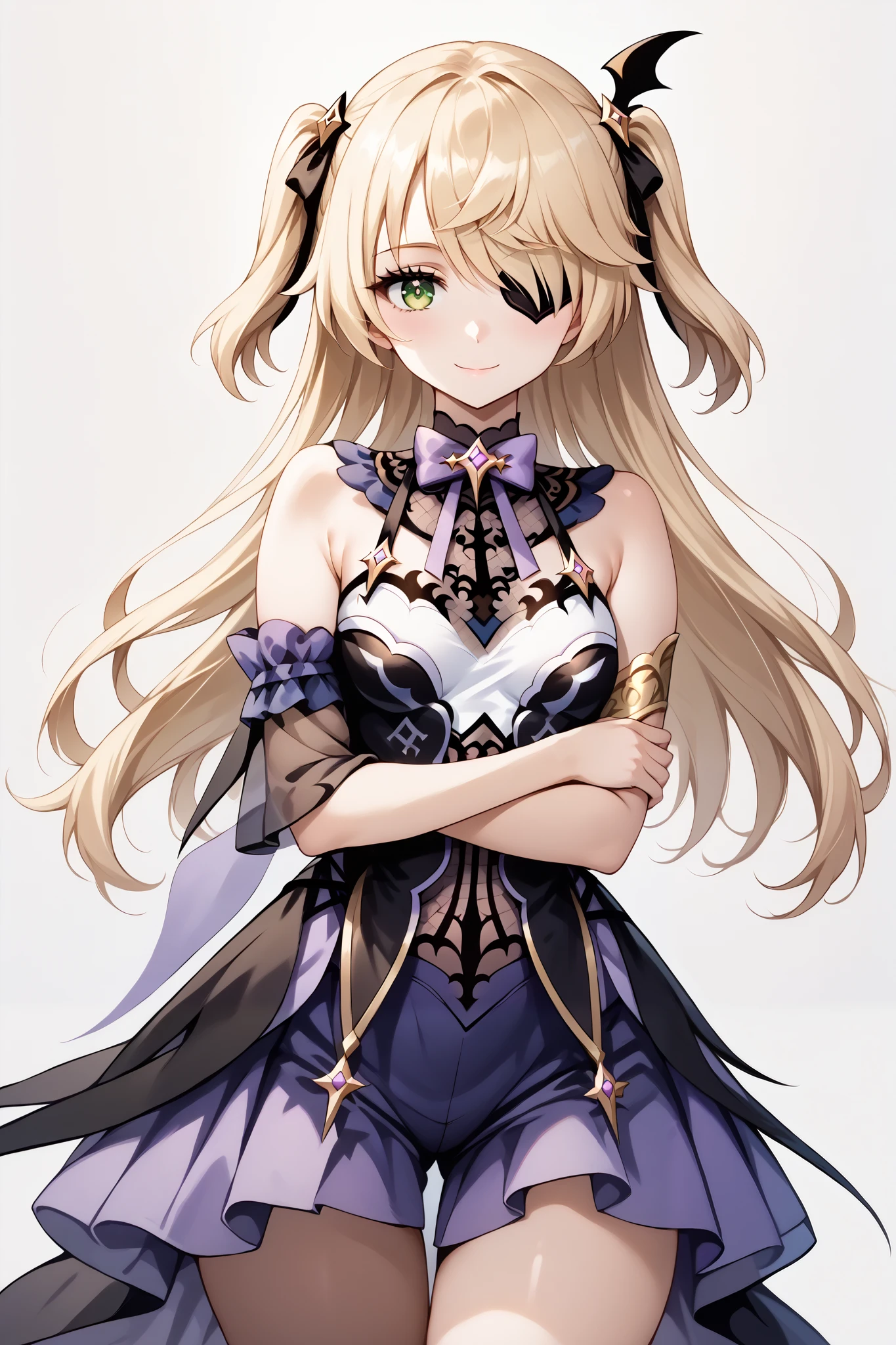 score_9, score_8_up, score_7_up, source_anime, 4K,perfect fingers,(perfect hands, perfect anatomy),prefect lighting, very aesthetic, intricate details,highly detailed background, masterpiece, high quality, best quality,
1girl,solo, fischl, fischl, long hair, bangs, blonde hair, ribbon, green eyes, hair ribbon, hair over one eye, two side up, eyepatch, large breasts,,
wearing ((sleeveless,off-white top with a gold neckline and a teal-colored,short,flowing dress or tunic, The dress has gold trim and a geometric pattern along the hemline, Brown straps cross her waist, She has gold arm bands on her forearms and wears white or light-colored, sheer sleeves under her arms, )),,
((White plain background:1.5)) , looking at viewer, smile,(perfect hands, perfect anatomy),filed, high thigh individual , fullbody,Stand up,((front look:1.5)),