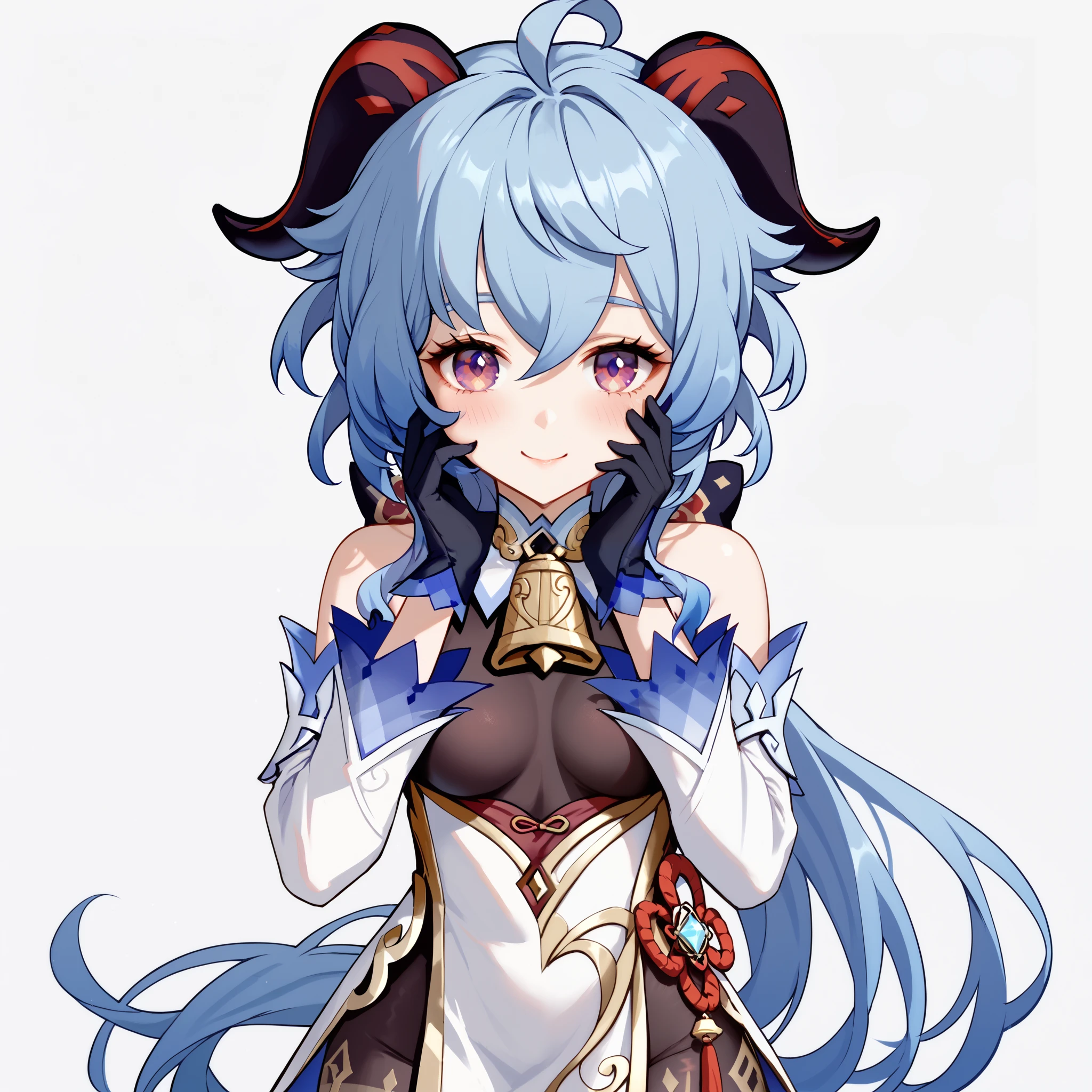 1girl, solo, ganyu, blue hair, goat horns, horns, long hair, purple eyes, sidelocks, medium breasts, narrow waist, wide hips, thick thighs, gloves, bare shoulders, detached sleeves, black gloves, bell, bodysuit, neck bell, black bodysuit, vision \(genshin impact\), bodystocking, cowbell, chinese knot, blushed, smile, cute, hands on cheeks, standing, looking at viewer, simple background, from the front view