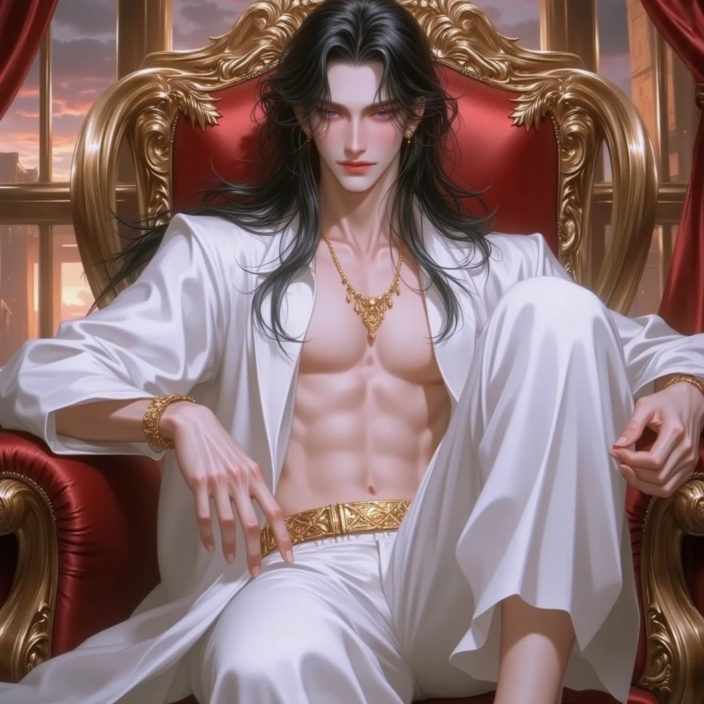 A man with a king's crown, the man with stunning appearance, having a 'V' shaped face, having a defined body with a defined and muscular chest, he has arms and hands, veins showing, he has healthy eyes slightly drawn, with light green eyes, he has long black hair that goes down to his waist, the color of his hair is black, he must have a piercing in his left ear, his skin tone is white, this man must be sitting on a royal throne while wearing luxurious black king clothes with some gold parts, bright lighting, the setting is on the royal throne of a king's castle
