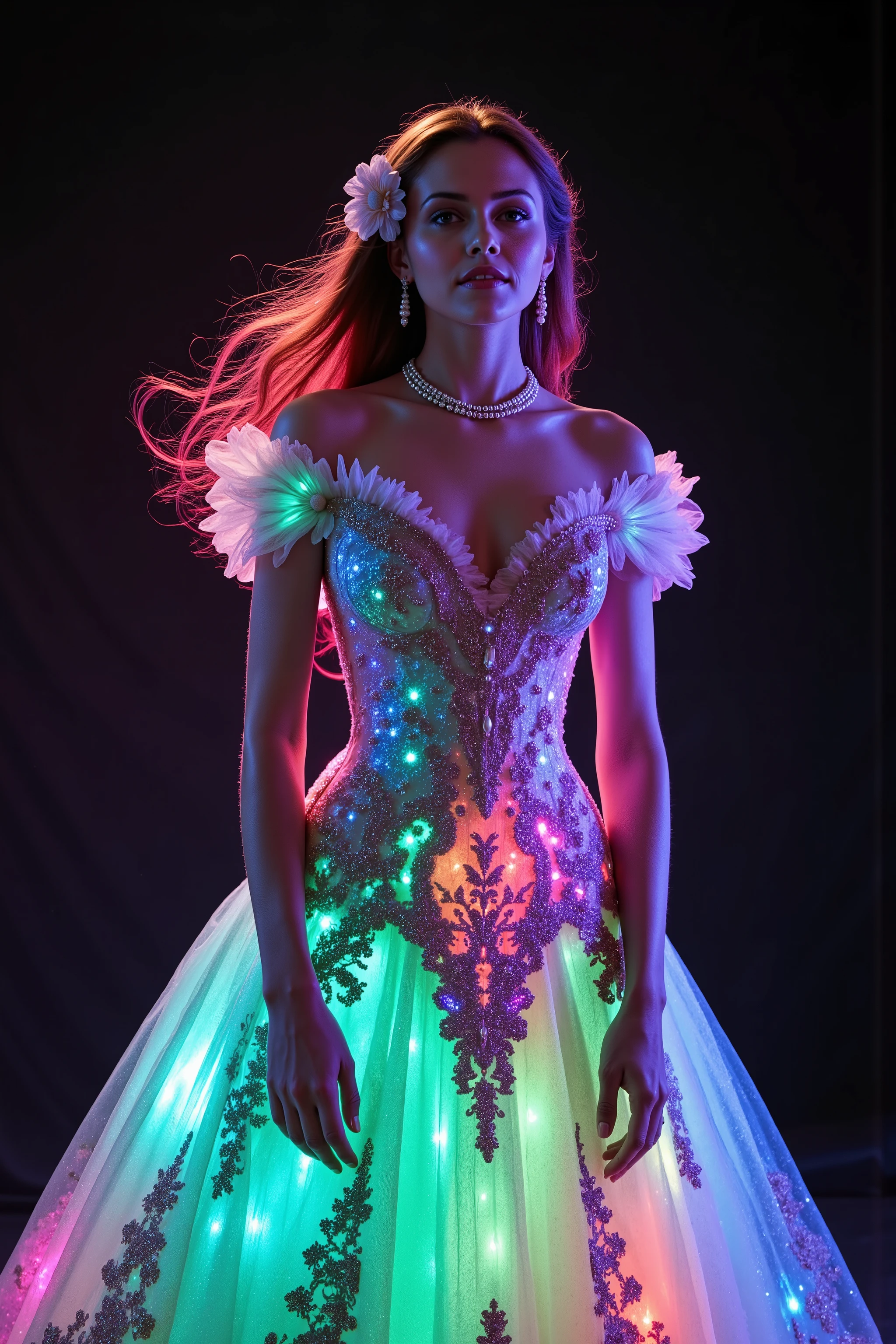 <lora:Spirals of light,Glitterhud_wht_gwn, a satin and tulle off-shoulder sleeveless full-length gown with a fitted bodice and a flared skirt. Florescent athe gown has sheer puff sleeves adorned with floral appliqués, sweetheart-shaped neckline lace, neon pin details the embroidered detailing that extends down the front, creating a V-shape. A pearl necklace and a small pink flower complete the elegant ensemblehud_wht_gwn, a satin and tulle off-shoulder sleeveless full-length gown with a fitted bodice and a flared skirt. the gown has sheer puff sleeves adorned with floral appliqués, sweetheart-shaped neckline has embroidered detailing that glows with color and extends down the front, creating a V-shape. Colorful swirl lines light up around the woman while the dress glows from lots of vibrant neon and luminescent colors stitched in the mermaid gown she wears. Open the bottom of the dress so that the fabric creates a puddle shape several feet in circumference on the ground. Give the skirt seems glow in the dark paint, and neon colors that shoot up the entire dress. The dress is made of highly reflective material, so all the light from the swirls around her are amplified and reverberate the glow outwards in a pulse of light and color against the contrasting black background. Very dramatic pose. Dramatic lights and color. Make the woman look more attractive. Surrealism, asthetically incredible, light display, multi colored swirls light up around the girl. Light moves out in waves of color. Iconic character. Iconic image. Ultra-realistic, photorealistic, cinematography, ultra detailed. Very Long wavey hair, Motion Lines, Sparkle, Emphasis Lines, Motion Blur, Speed Line,Cinematic Lighting,Glowing Light, Reflection Light, God Rays, Action Painting, Icon Style, Realism, Tumbledown, Portrait Photography, Fujicolor, Hair Ribbon,Choker, Super Detailed, Best Quality, Action Painting, Masterpiece, From Below, Parted Lips, neon, lit up colored swirls, against a black background.
