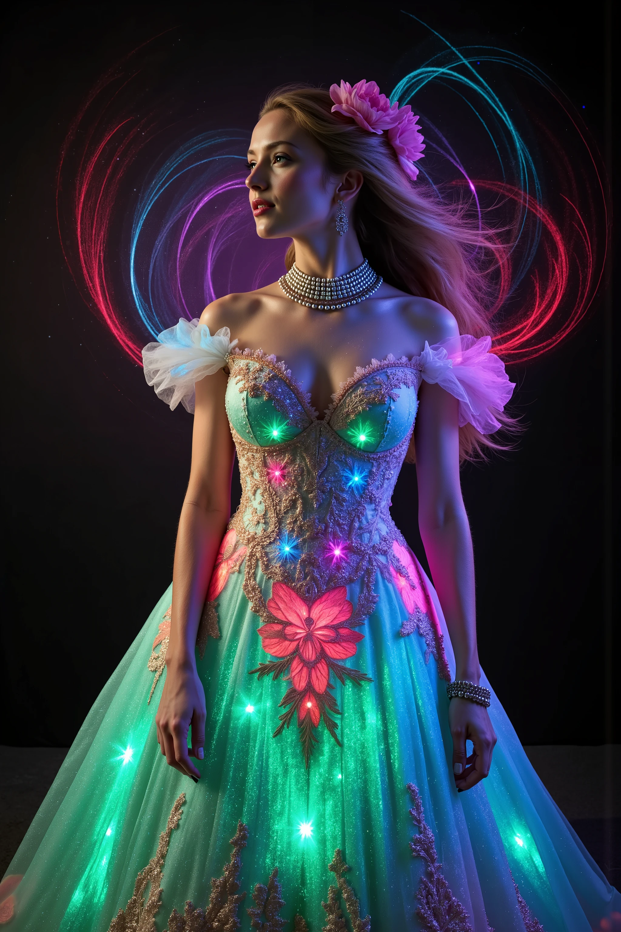 <lora:Spirals of light,Glitterhud_wht_gwn, a satin and tulle off-shoulder sleeveless full-length gown with a fitted bodice and a flared skirt. Florescent athe gown has sheer puff sleeves adorned with floral appliqués, sweetheart-shaped neckline lace, neon pin details the embroidered detailing that extends down the front, creating a V-shape. A pearl necklace and a small pink flower complete the elegant ensemblehud_wht_gwn, a satin and tulle off-shoulder sleeveless full-length gown with a fitted bodice and a flared skirt. the gown has sheer puff sleeves adorned with floral appliqués, sweetheart-shaped neckline has embroidered detailing that glows with color and extends down the front, creating a V-shape. Colorful swirl lines light up around the woman while the dress glows from lots of vibrant neon and luminescent colors stitched in the mermaid gown she wears. Open the bottom of the dress so that the fabric creates a puddle shape several feet in circumference on the ground. Give the skirt seems glow in the dark paint, and neon colors that shoot up the entire dress. The dress is made of highly reflective material, so all the light from the swirls around her are amplified and reverberate the glow outwards in a pulse of light and color against the contrasting black background. Very dramatic pose. Dramatic lights and color. Make the woman look more attractive. Surrealism, asthetically incredible, light display, multi colored swirls light up around the girl. Light moves out in waves of color. Iconic character. Iconic image. Ultra-realistic, photorealistic, cinematography, ultra detailed. Very Long wavey hair, Motion Lines, Sparkle, Emphasis Lines, Motion Blur, Speed Line,Cinematic Lighting,Glowing Light, Reflection Light, God Rays, Action Painting, Icon Style, Realism, Tumbledown, Portrait Photography, Fujicolor, Hair Ribbon,Choker, Super Detailed, Best Quality, Action Painting, Masterpiece, From Below, Parted Lips, neon, lit up colored swirls, against a black background.