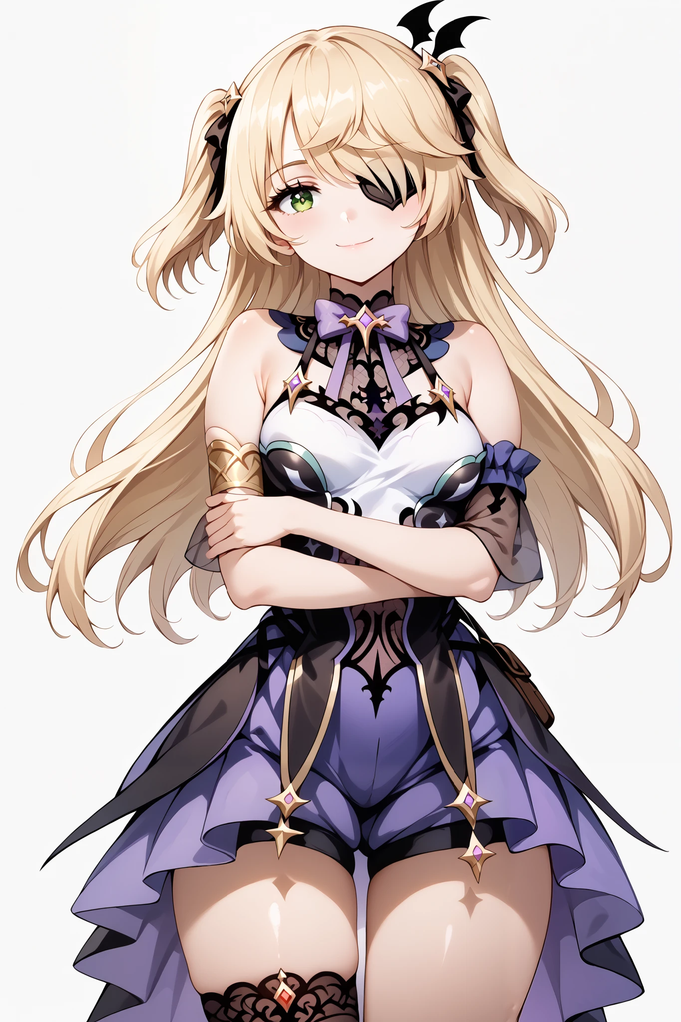 score_9, score_8_up, score_7_up, source_anime, 4K,perfect fingers,(perfect hands, perfect anatomy),prefect lighting, very aesthetic, intricate details,highly detailed background, masterpiece, high quality, best quality,
1girl,solo, fischl, fischl, long hair, bangs, blonde hair, ribbon, green eyes, hair ribbon, hair over one eye, two side up, eyepatch, large breasts,,
wearing ((sleeveless,off-white top with a gold neckline and a teal-colored,short,flowing dress or tunic, The dress has gold trim and a geometric pattern along the hemline, Brown straps cross her waist,  She has gold arm bands on her forearms and wears white or light-colored, sheer sleeves under her arms, A small dark brown pouch or satchel is attached to her belt,       )),,
((White plain background:1.5)) , looking at viewer, smile,(perfect hands, perfect anatomy),filed, high thigh individual , fullbody,Stand up,((front look:1.5)),