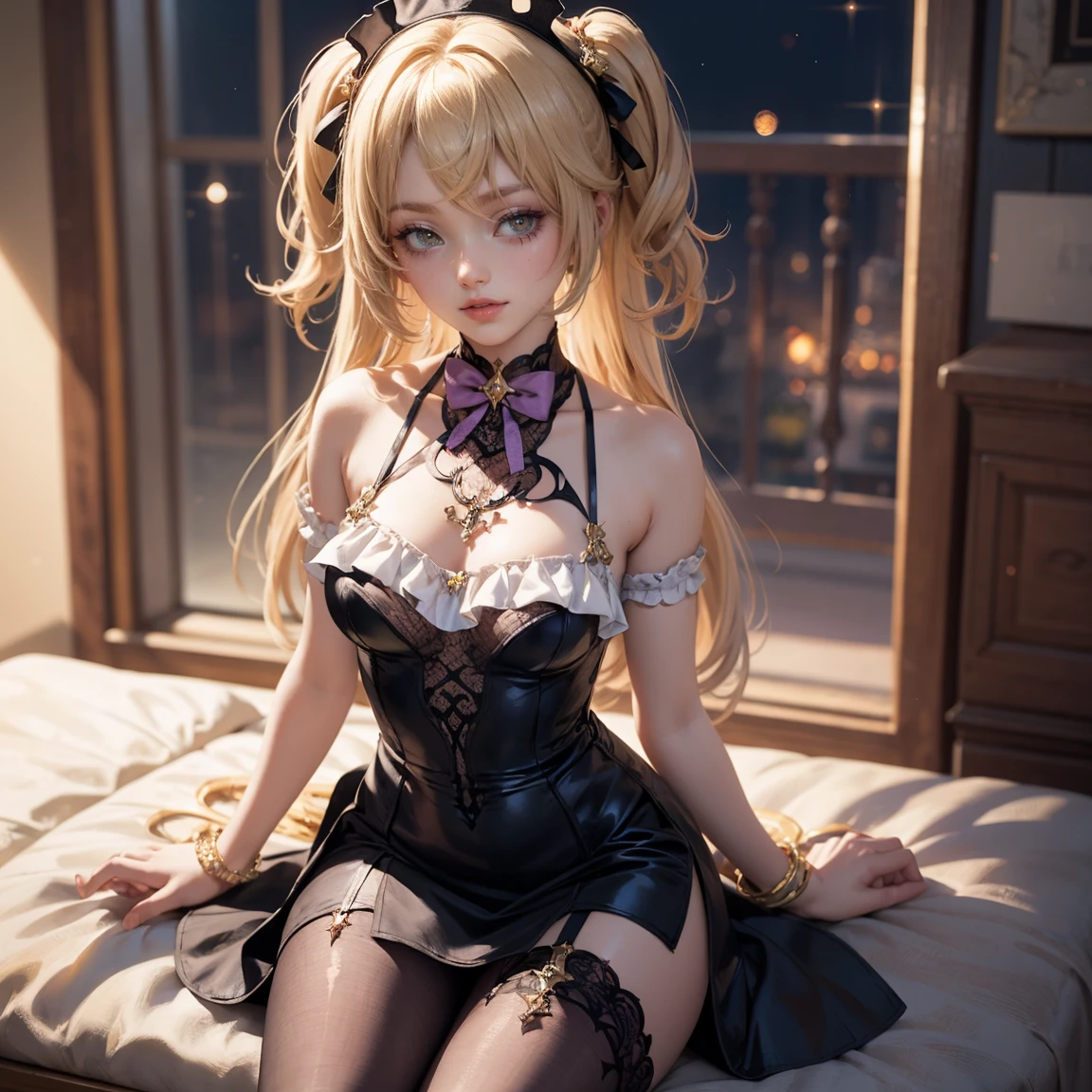 Blonde、Beautiful young woman、Twin tails、Yellow ribbon hair accessory、Realistic beautiful fingers、Black fishnet stockings、Light clothing in summer、Sheer clothing、Bold outfit、Attractive clothes
