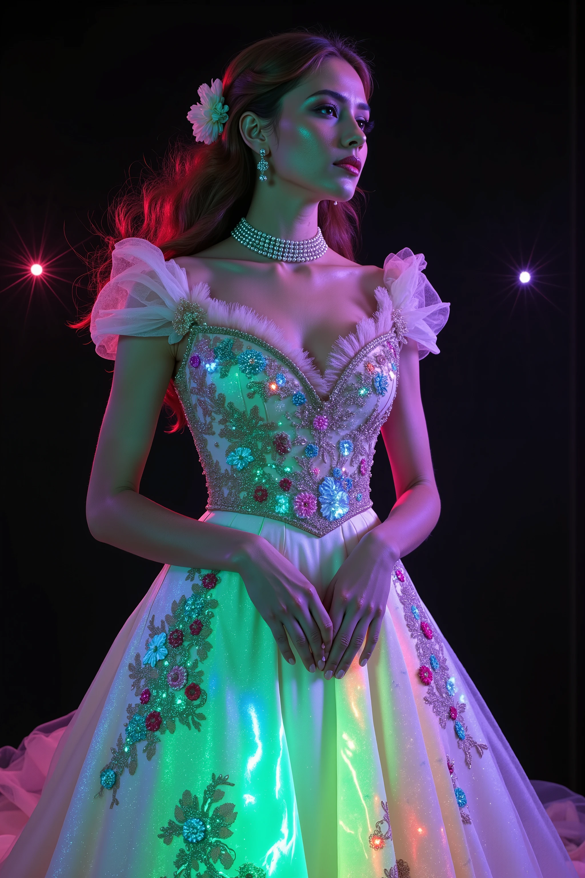 <lora:Spirals of light,Glitterhud_wht_gwn, a satin and tulle off-shoulder sleeveless full-length gown with a fitted bodice and a flared skirt. Florescent athe gown has sheer puff sleeves adorned with floral appliqués, sweetheart-shaped neckline lace, neon pin details the embroidered detailing that extends down the front, creating a V-shape. A pearl necklace and a small pink flower complete the elegant ensemblehud_wht_gwn, a satin and tulle off-shoulder sleeveless full-length gown with a fitted bodice and a flared skirt. the gown has sheer puff sleeves adorned with floral appliqués, sweetheart-shaped neckline has embroidered detailing that glows with color and extends down the front, creating a V-shape. Colorful swirl lines light up around the woman while the dress glows from lots of vibrant neon and luminescent colors stitched in the mermaid gown she wears. Open the bottom of the dress so that the fabric creates a puddle shape several feet in circumference on the ground. Give the skirt seems glow in the dark paint, and neon colors that shoot up the entire dress. The dress is made of highly reflective material, so all the light from the swirls around her are amplified and reverberate the glow outwards in a pulse of light and color against the contrasting black background. Very dramatic pose. Dramatic lights and color. Make the woman look more attractive. Surrealism, asthetically incredible, light display, multi colored swirls light up around the girl. Light moves out in waves of color. Iconic character. Iconic image. Ultra-realistic, photorealistic, cinematography, ultra detailed. Very Long wavey hair, Motion Lines, Sparkle, Emphasis Lines, Motion Blur, Speed Line,Cinematic Lighting,Glowing Light, Reflection Light, God Rays, Action Painting, Icon Style, Realism, Tumbledown, Portrait Photography, Fujicolor, Hair Ribbon,Choker, Super Detailed, Best Quality, Action Painting, Masterpiece, From Below, Parted Lips, neon, lit up colored swirls, against a black background.