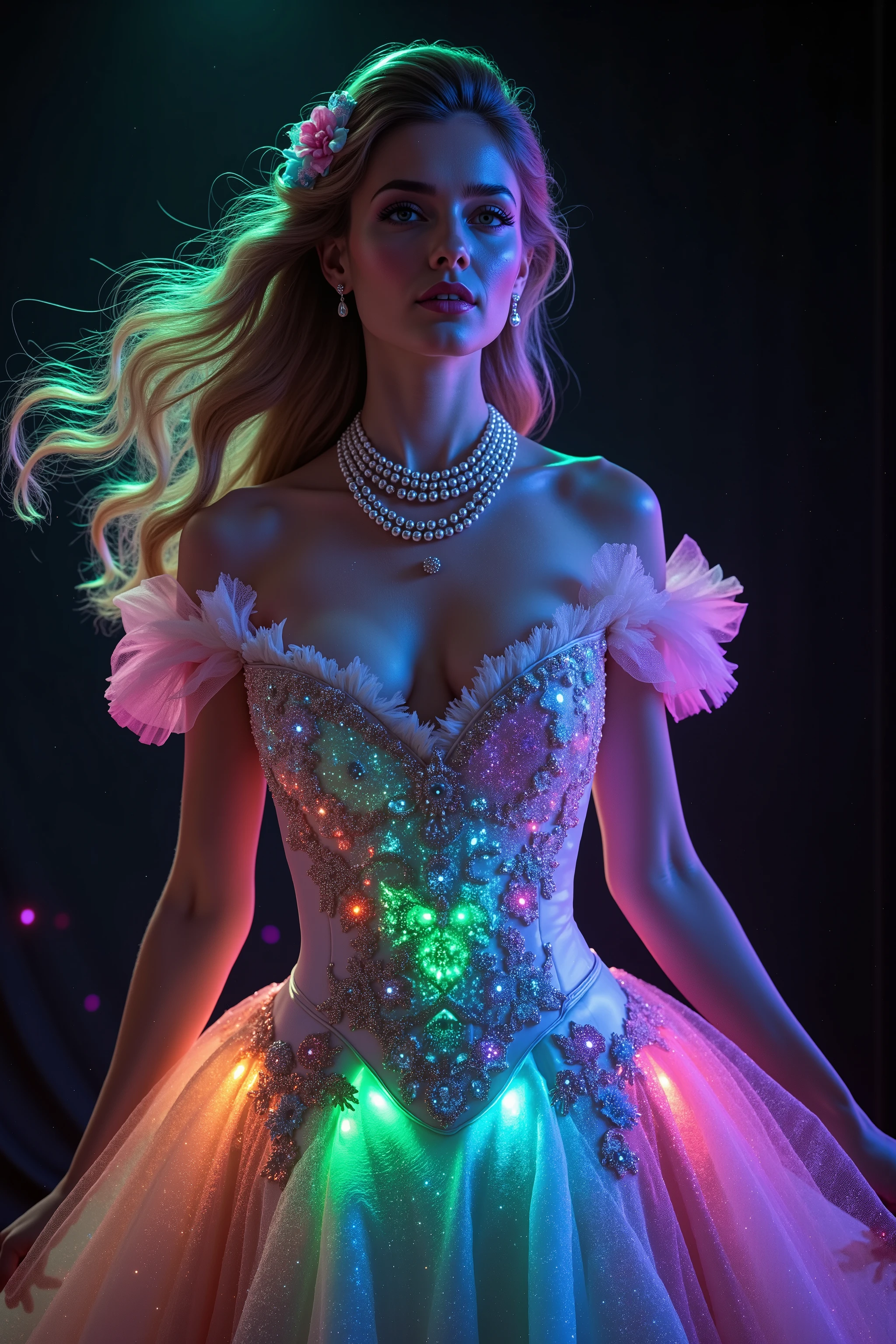 <lora:Spirals of light,Glitterhud_wht_gwn, a satin and tulle off-shoulder sleeveless full-length gown with a fitted bodice and a flared skirt. Florescent athe gown has sheer puff sleeves adorned with floral appliqués, sweetheart-shaped neckline lace, neon pin details the embroidered detailing that extends down the front, creating a V-shape. A pearl necklace and a small pink flower complete the elegant ensemblehud_wht_gwn, a satin and tulle off-shoulder sleeveless full-length gown with a fitted bodice and a flared skirt. the gown has sheer puff sleeves adorned with floral appliqués, sweetheart-shaped neckline has embroidered detailing that glows with color and extends down the front, creating a V-shape. Colorful swirl lines light up around the woman while the dress glows from lots of vibrant neon and luminescent colors stitched in the mermaid gown she wears. Open the bottom of the dress so that the fabric creates a puddle shape several feet in circumference on the ground. Give the skirt seems glow in the dark paint, and neon colors that shoot up the entire dress. The dress is made of highly reflective material, so all the light from the swirls around her are amplified and reverberate the glow outwards in a pulse of light and color against the contrasting black background. Very dramatic pose. Dramatic lights and color. Make the woman look more attractive. Surrealism, asthetically incredible, light display, multi colored swirls light up around the girl. Light moves out in waves of color. Iconic character. Iconic image. Ultra-realistic, photorealistic, cinematography, ultra detailed. Very Long wavey hair, Motion Lines, Sparkle, Emphasis Lines, Motion Blur, Speed Line,Cinematic Lighting,Glowing Light, Reflection Light, God Rays, Action Painting, Icon Style, Realism, Tumbledown, Portrait Photography, Fujicolor, Hair Ribbon,Choker, Super Detailed, Best Quality, Action Painting, Masterpiece, From Below, Parted Lips, neon, lit up colored swirls, against a black background.