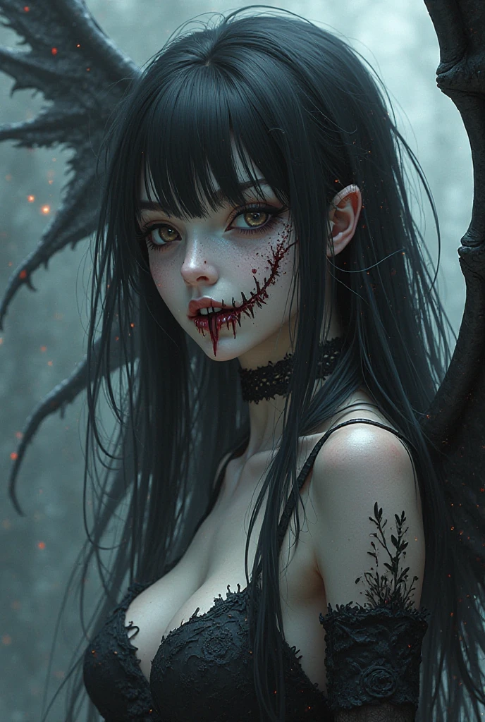 DanielaV4, black hair, raven hair, blood on mouth, black hair, black hair, dungeon background, black tank top, tank top