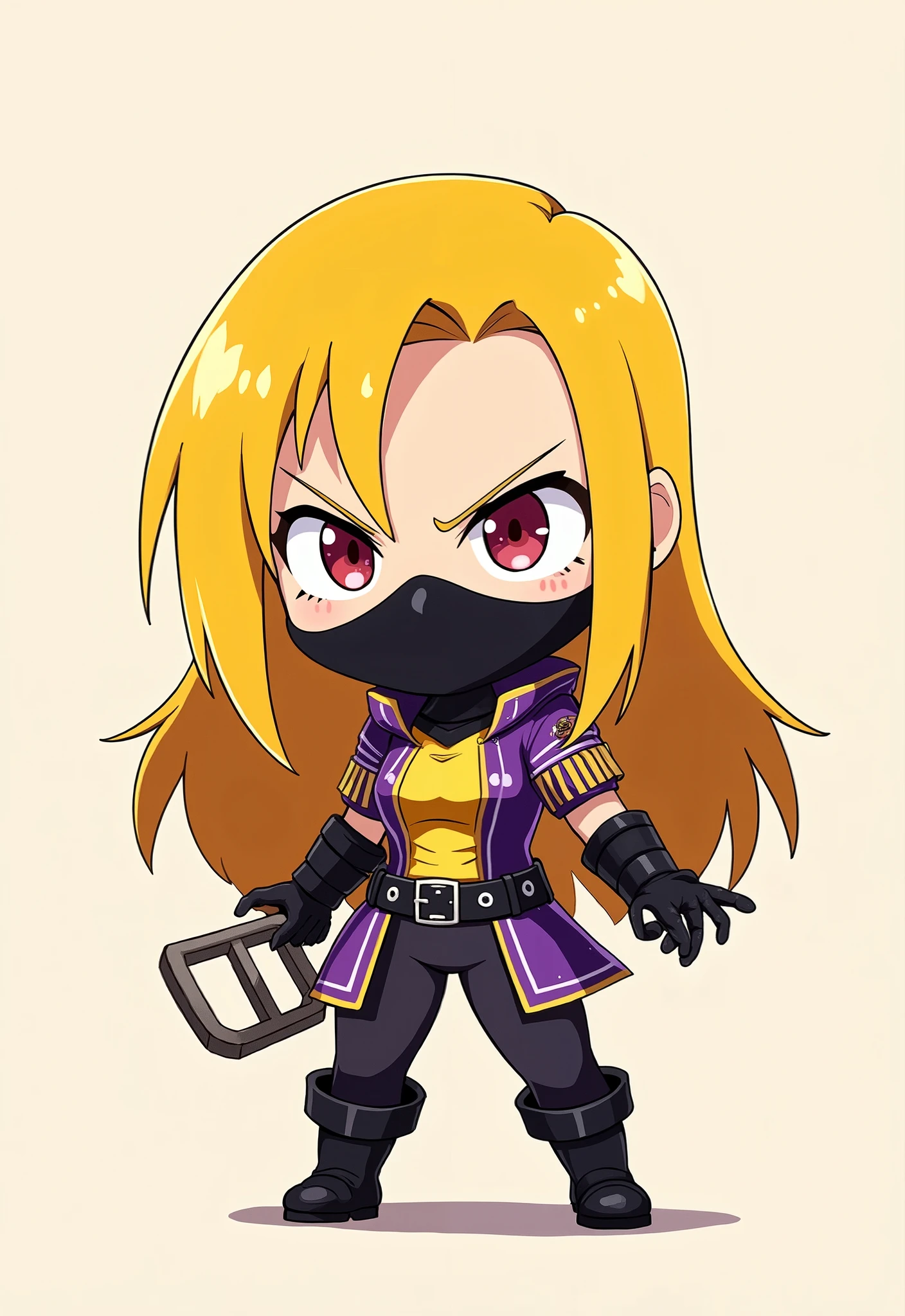 1 girl, chibi anime style, yellow long hair, wearing robin black mask, wearing purple and yellow ninja & scuba diving outfit, black tight spandex pants, black boots, angry, holding a nunchaku