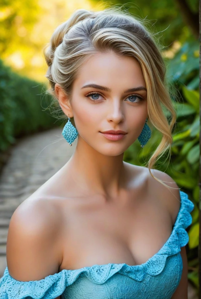 hyperrealistic beautiful busty 18-year-old women in geo pattern summer dress, model shooting full body photography, view ???????????, natural blonde very long straight hair, dark eye makeup with eyeliner, seductive smile, small necklace and earrings, 8K, best quality, Meisterwerk, ultra high resolution, (Realismus: 1.4), Originalfoto, (realistische Hautstruktur: 1.3), (Filmkorn: 1.3), (Selfie-Winkel), 1 girl, Beautiful round blue eyes and facial details, Meisterwerk, best quality