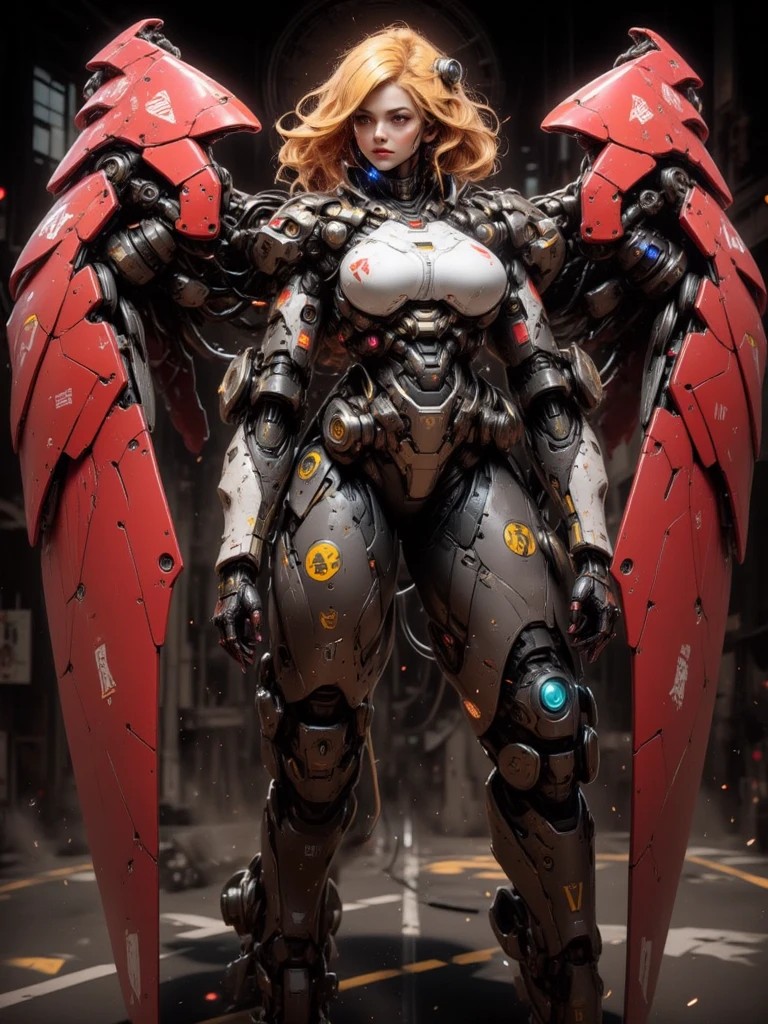 (DRAGON HEAD), HUGE FAKE BOOBS, (BEAUTIFUL FACE), (WHITE HAIR), (RED:1.2, BLACK:0.8, MECHA ARMORED GEAR), (((A PAIR OF  HUGE MECHANICAL WINGS SPREAD OUT))), FUTURISTIC DRAGON MECHA SUIT, (CLEAVAGE), (SKINTIGHT YOGA PANTS), (PERFECT BODY:1.2), (FULL BODY VIEW), FRONT, (STANDING:1), SEXY MUSCULAR BODY, MUSCLE ABS, UHD, 8K, 1080P.