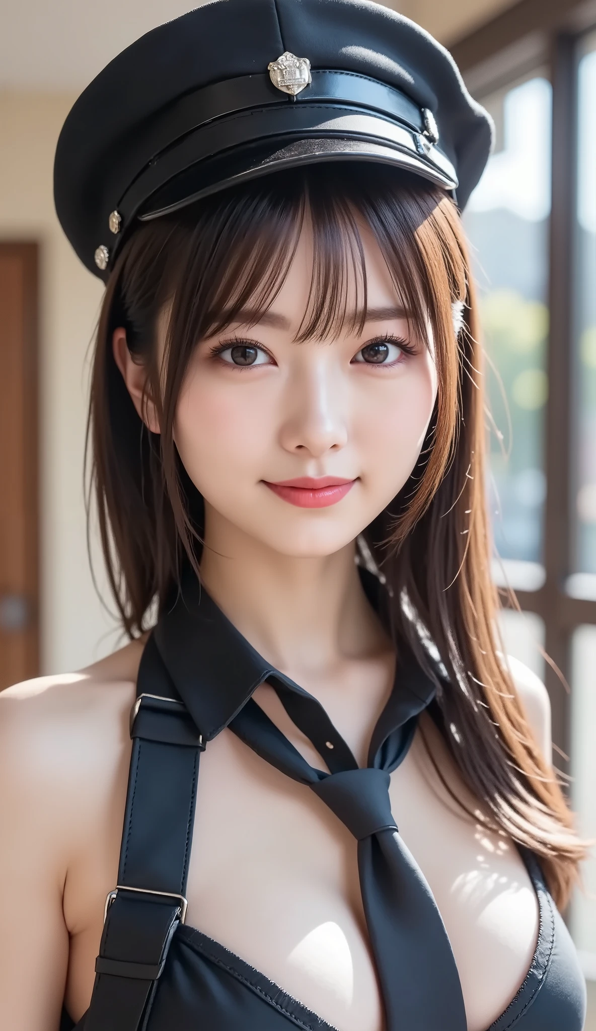  police uniform , tie, police hat,  collared shirt, Beautiful eyes, Idol, Feminine dark hair , ( Delicate and realistic hair, 1 1 Realistic Hair), bangs, natural colored lips, smile, ( 18 year old female : 1. 2), Young and Adorable Japanese Face, Official Art, high-definition CG Unity 8K wallpaper, (masterpiece: 1.0) , ( best quality: 1. 0), ( best quality: 1. 0), Ultra high definition ,4K, Very detailed, photos that are definitely not SFW,8k, NFFS DAW , high definition , Kodak Portrait 400 , Film Grain, Lens Flare Glow, best quality,8k, NFFS DAW :1. 2), as a portrait shot,8k, Show viewer , ((masterpiece)), (( best quality)), ( super detailed), ((cute)), (Nice), (( sexy)), (( Very detailedな)), (detailed clothing features), 4K, (8k), (beautiful), Illustration, beautiful Japanese woman, ((1 female)), beautiful black hair, (Long Hair:1.2), ((beautiful eyes)), Lens Flare, (((Front View))), ((facing))、(おっぱいの谷間 : 1.3), (Tight Chest  : 1.3)