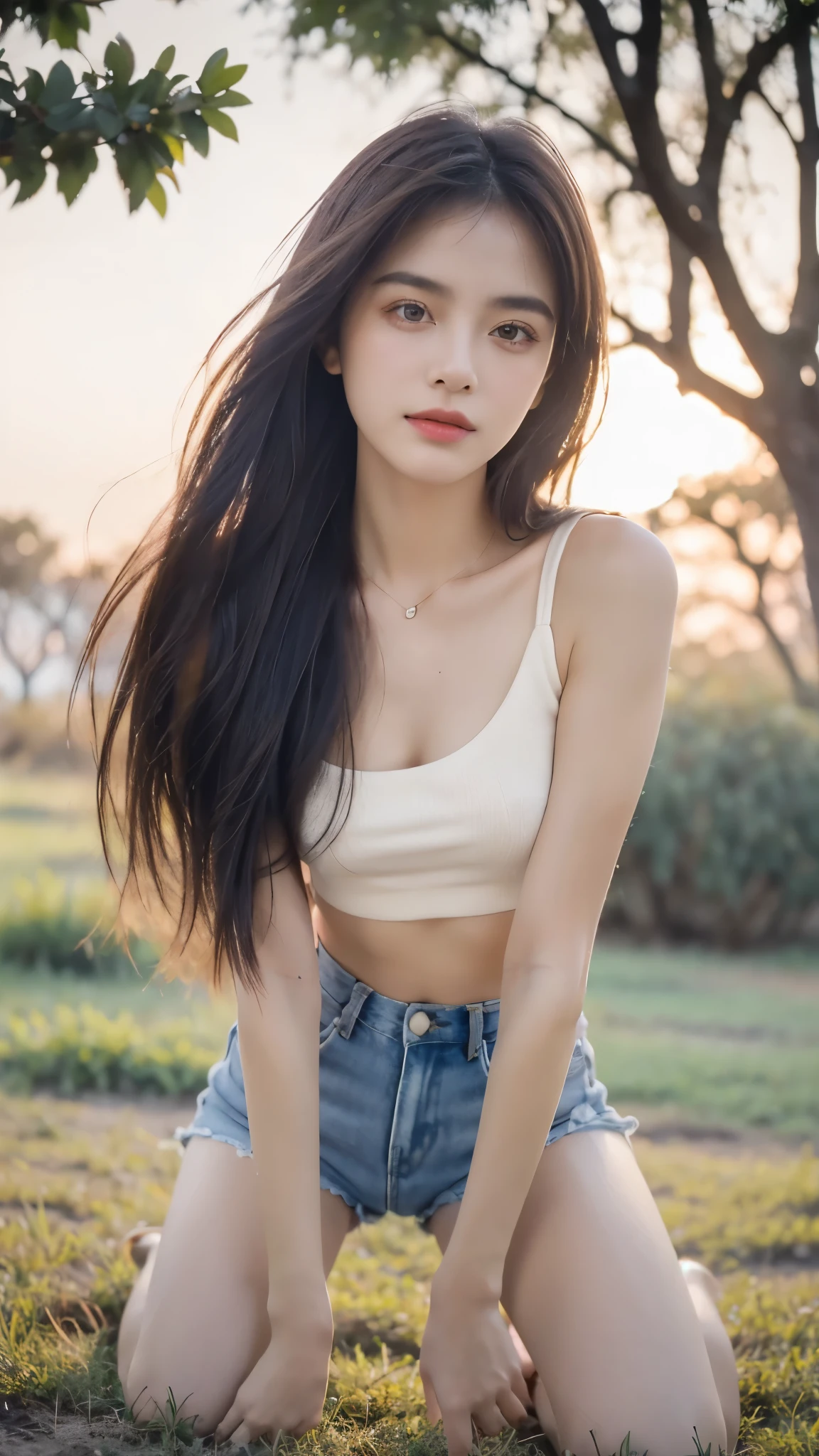 (masterpiece, Outstanding Work,4K resolution, Surreal:1.3),(A girl in the forest),Slim Alone,Fashion trend beautiful charming woman, Gentle and lovely Chinese beauty, Exquisite and sexy clavicle, Charming goose egg face, Double eyelids, Bright peach blossom eyes, Pink lips, Small upturned nose,Oval face,Phoenix Eyes,Eyebrow, Double eyelids, Long eyelashes and bare shoulders,The legs are slender and slender,Coordinated body proportions, Ultra HD, Super Detail, full-body shot, Ultra-thin translucent, Pair this with a light blue denim skirt and a beige T-shirt, Gentle light skin, fair and beautiful, Outstanding temperament, stocking, transparent