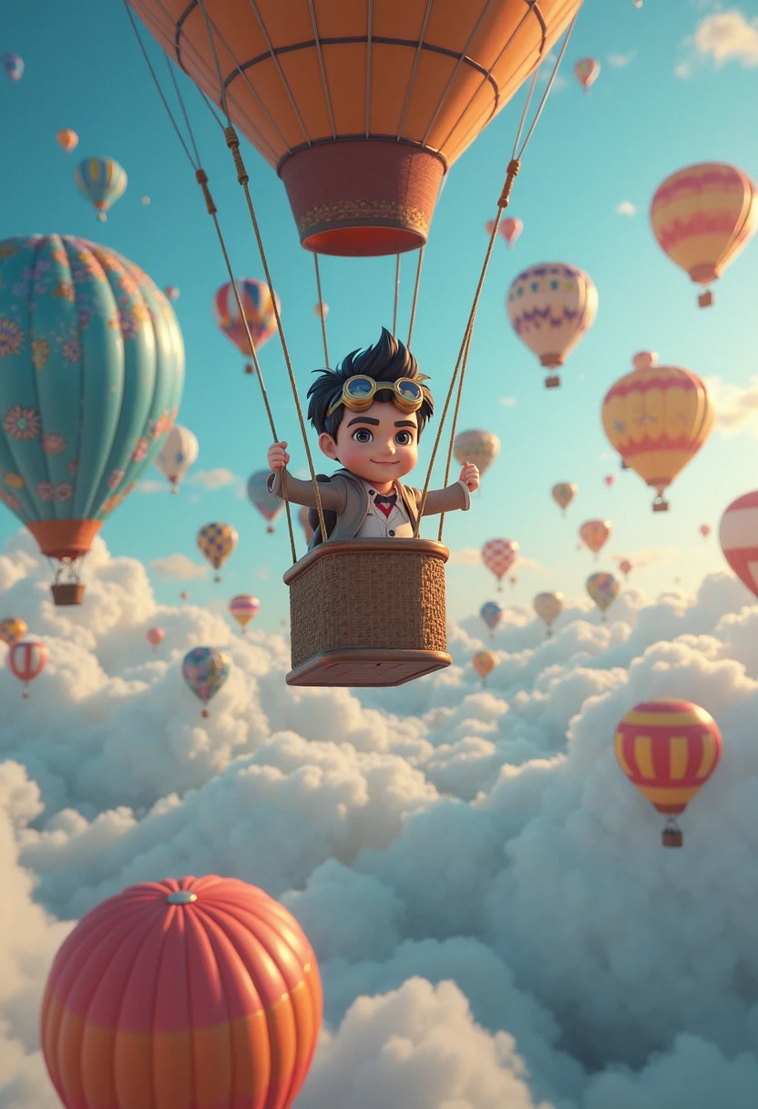 A panoramic aerial view of a boy riding on an airplane, surreal, surrounded by colourful hot air balloons and candy castles, Taj Mahal, Water Theme park at a distance, in the sky. The scene includes various characters such as Elephants with colour hat, Dogs with wings, a field of multi colour pencils, animals, and Amusement park rides. It also includes magical clouds and uses vibrant colors. The illustration has an enchanting and whimsical feel to it, in the style of various artists. capturing her wonder and solitude in this dream-like magical setting.,style 3D art, side pose, (Warm light source:1.2), (fire Fly:2.2), (nebula:1.3), 4K, Super detailed, (Dynamic configuration:1.4), HD Pixar detailed, Colorful details, (masterpiece:1.2), (highest quality), bending your visual reality.