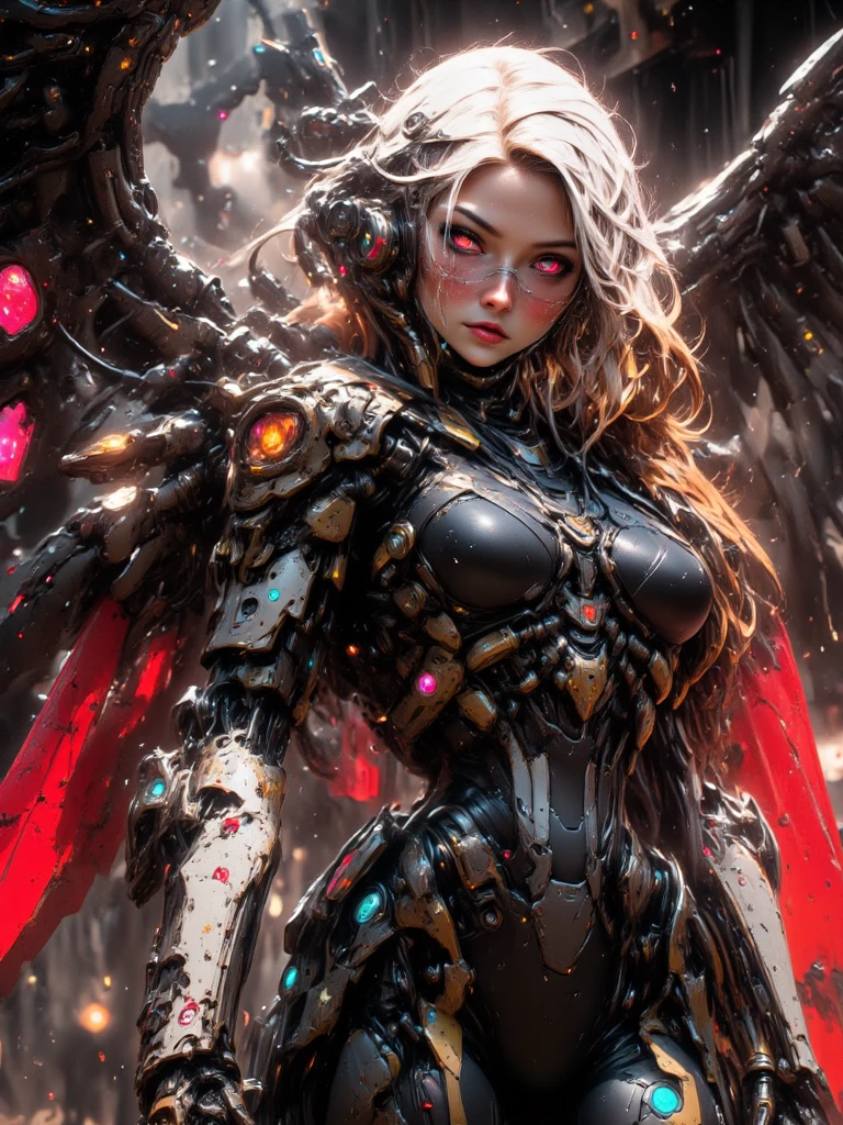 dead rotting zombie, african girl, black skin, comic accurate Sam Wilson costume, cyborg, mechanical wings, metal wings,  torn costume, evil look, psychotic, bloody, combat stance, highly detailed, vibrant appearance, creative behavior, imaginative, sensual, spontaneous, small breasts, sexi, highest quality, skin texture, intricate details, (cinematic lighting), RAW photo, 8k, masterpiece,best quality,ultra-detailed,very detailed illustrations,extremely detailed,intricate details,highres,super complex details,extremely detailed 8k cg wallpaper,