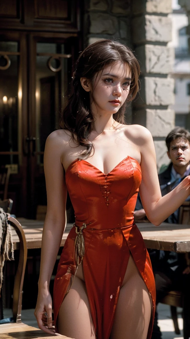 (Realisttic:1.2), analog photo style, (cute goblin wooman looking like elf, intensed red eyes, surrounded by a gloomy antique setting), (her full body s a visual pleasure), faint smile, soft shading expresses beautiful skin texture, silk material, elegant dress, Graceful curve from ankle to toe, leather pumps, light reflection on the floor, ornate embroidery and embellishments, an elegant necklace, thin bracelets on the wrist, rich and lustrous hair, three dimensional effect, gloomy dark atmosphere, play of light in the sun rays, a delicate balance between beauty and darkness, faded colours, great quality, Masterpiece, intricate fantasy background, naturally cinematic light, 16k quality, HDR, RAW photo