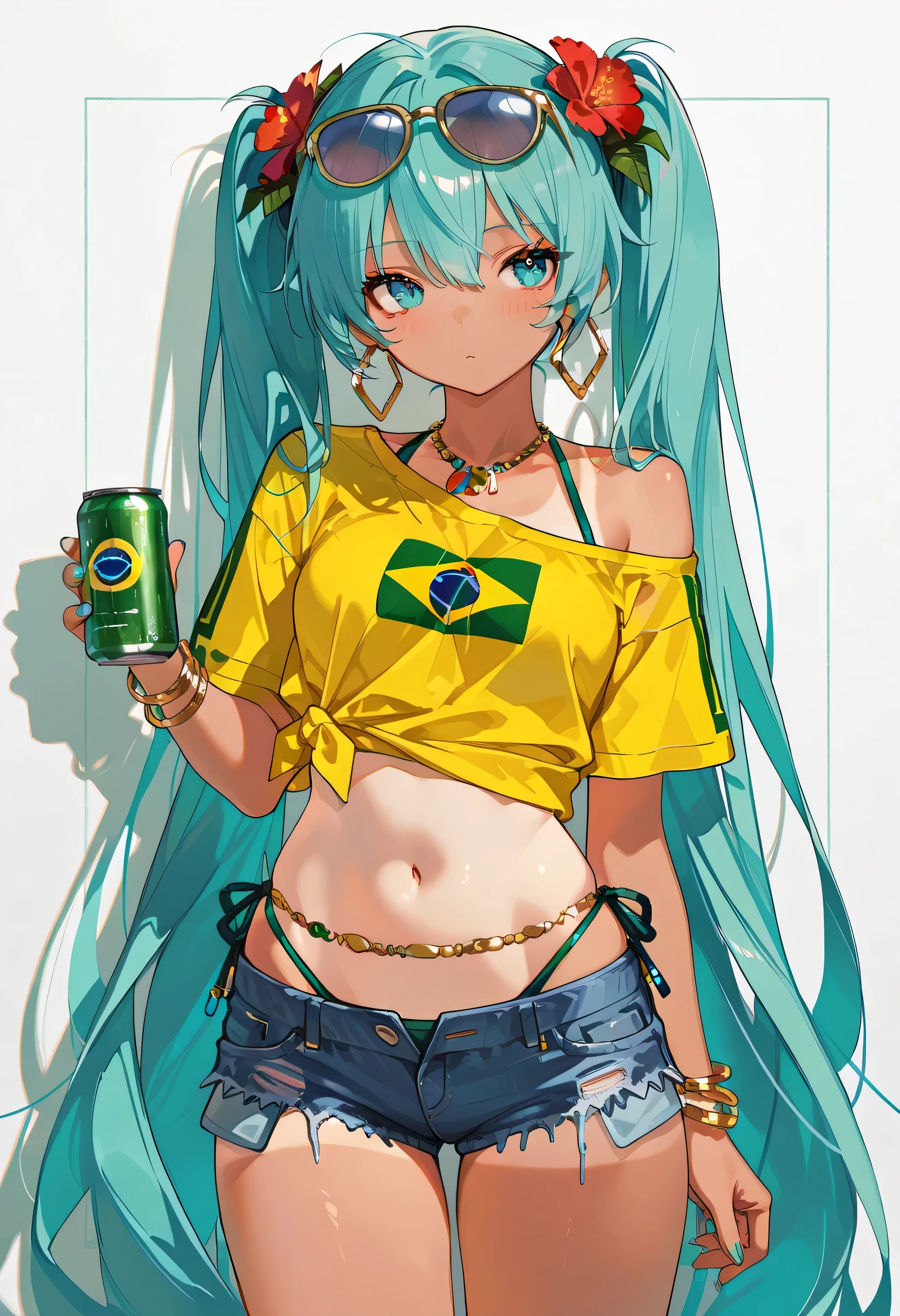 748cmstyle, masterpiece, Hatsune Miku, masterpiece, Hatsune Miku, brmeek, twintails, very long hair, dark-skinned female, tanlines,
holding can,
hair flower, hoop earrings, eyewear on head, necklace, yellow shirt, midriff, jewelry, belly chain, bracelet, bikini under clothes, side-tie bikini bottom, short shorts, denim,
brazilian flag print,
single bare shoulder, side tie, tied shirt,