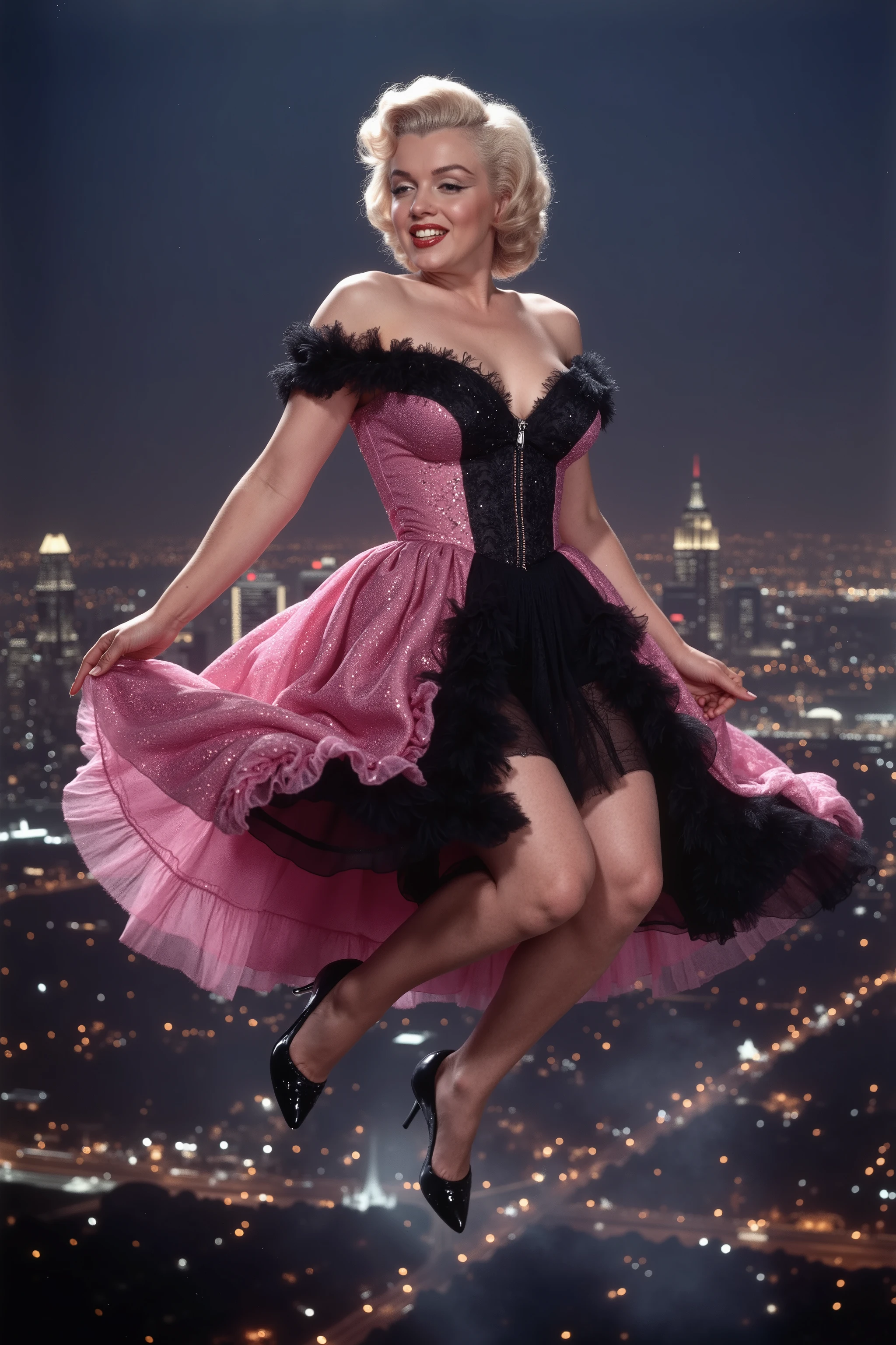 <Lora:m3r1l. A gothic looking Marilyn Monroe is posing as she levitates 260 feet in mid air. The city of Los Angeles behind her. Make up, heavy black eyeshadow, dark red lipstick, beauty mole. The dress she is wearing is a pink and black Victorian style dress. Overflowing cleavage. The city lights burn bright beneath her. Extreme Vertigo. Ultra realistic, photorealistic, Ultra detailed, Portrait photography, cinematic, cinematography, cinematic portrait, cinematic photography, surrealism, hyperrealism, Sparkle, Optical Illusion, Glowing Light, Reflective Light, Overexposure, Backlighting, full focus, Awe inspiring, Breathtaking, Indescribably Beautiful, Heaven sent images, Best Quality, Award Winning, Masterpiece.