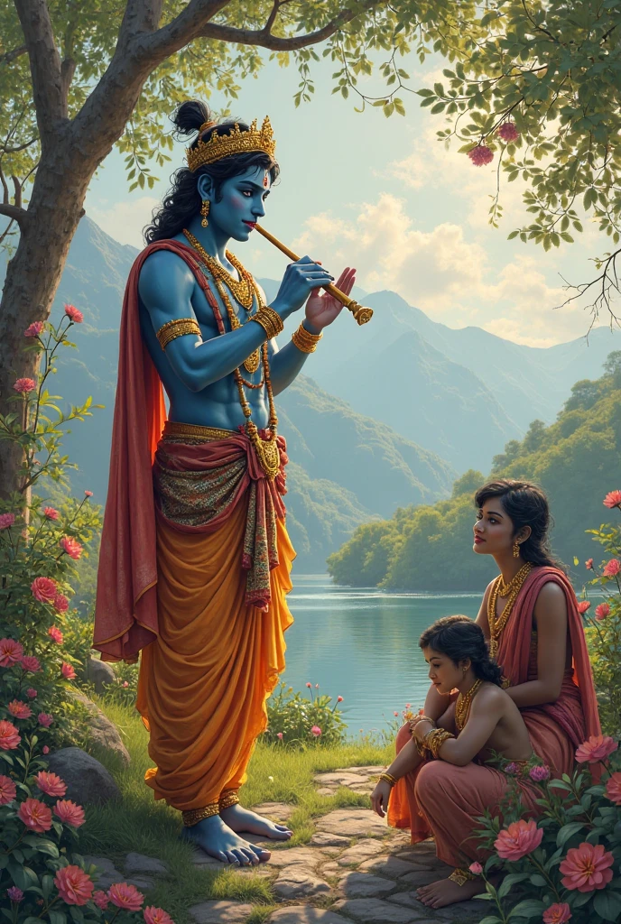 create a 3d image of 2 Indian devotional boy who is sitting next to krishna ji and Krishna ji playing the flute, they both sit together on the mountain,boy wearing T-shirt Name "prafulla" written on it, heaven like beautiful view background, peacock dancing,realistic image and boy is in barefoot. 