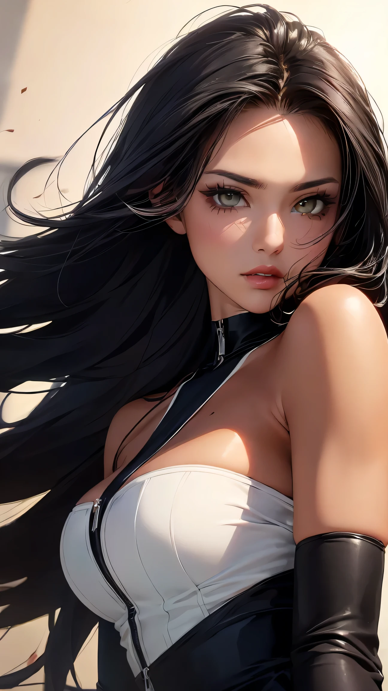 a girl with long black hair, beautiful detailed eyes, beautiful detailed lips, beautiful detailed face, large breasts, detailed realistic portrait, high quality, 8k, ultra-detailed, photorealistic, photo-realistic, vivid colors, dramatic lighting, cinematic lighting, dramatic shadows, elegant, feminine, sensual, captivating gaze