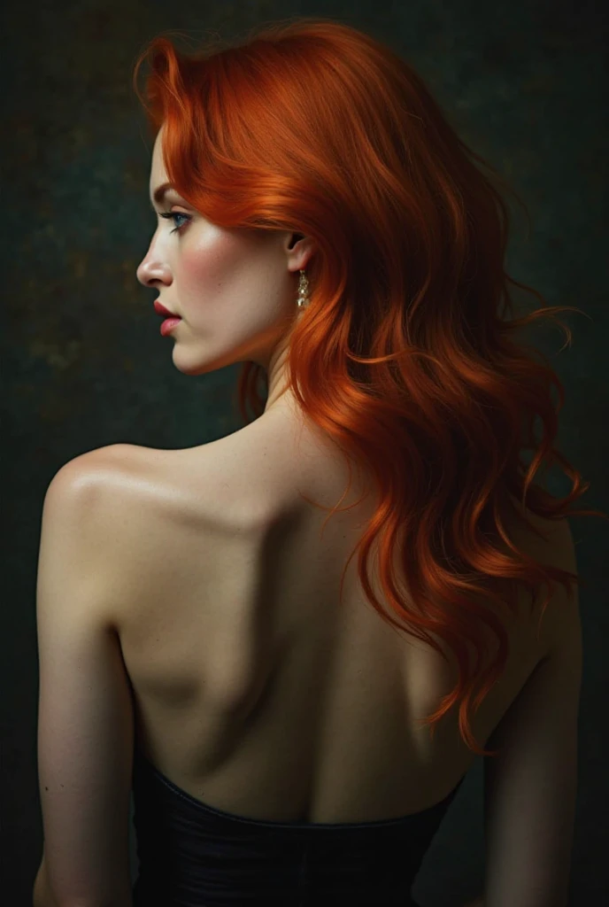 (very_pale_skin:1.5), (strong off-screen lighting causing reflections on skin), ( 18 yo ginger girl) with (huge-tits) and a (youthful_model_face:1.4),(vivid_flowing_ginger_hair in a 1960s_hairstyle:1.5), black background