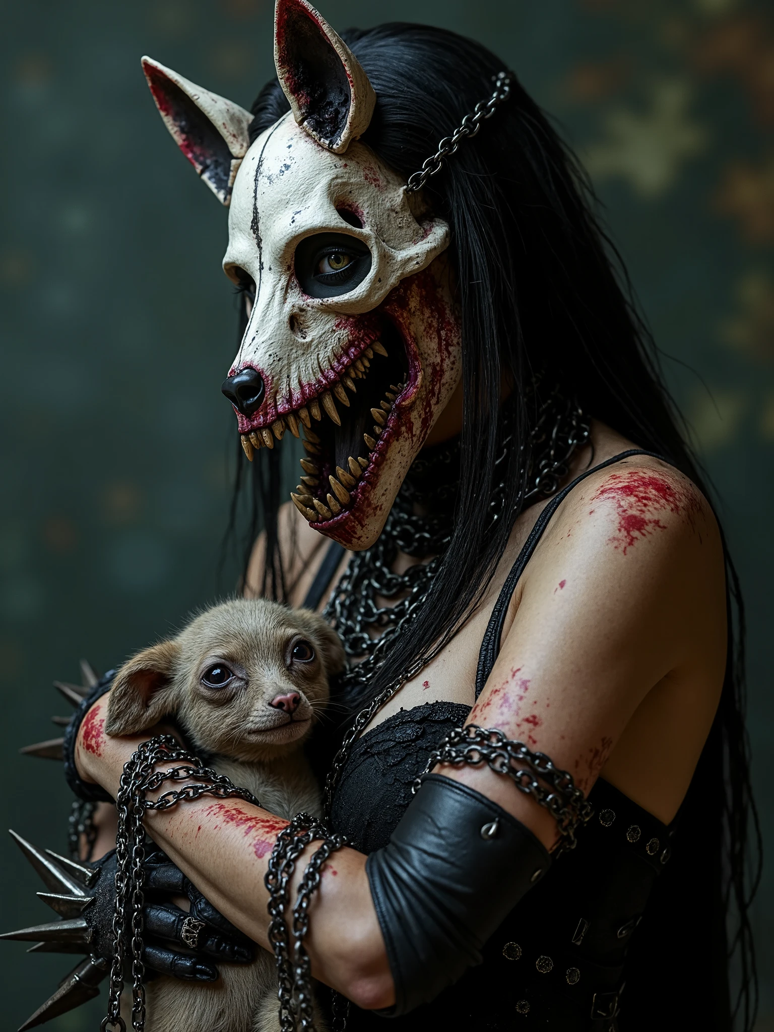 Beautiful Female cosmic necromancer with half rotten face,entity,necromancer warrior queen wolf skull as a mask, beautiful Lilith dressed seductive and sexy,chain dress black leather,satanic occult ambiance,half nude,spilled with red and black goo,dark makeup,dark surrealism,dark realistic photography, dark occult art,melancholic dark art, surreal dark art,realistic look,bone and metal chains armour, with spikes on the wrists and chain hooks,cosmic background,nude dark art,death and darkness, deformed jaw, caressing a wounded lamb