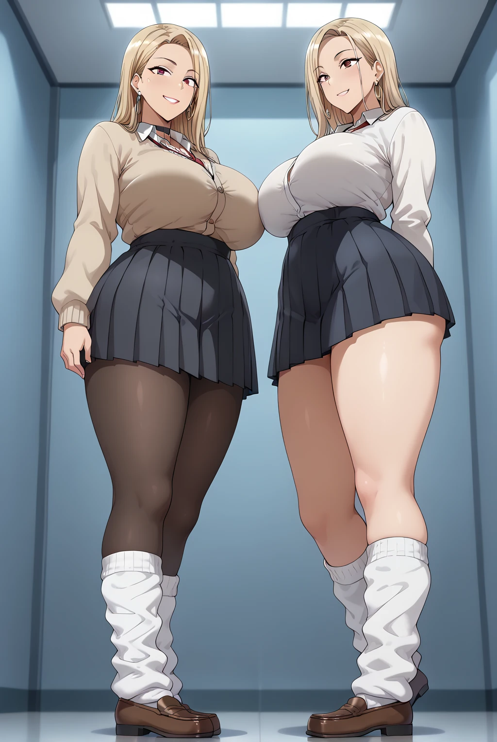 ((Two girls standing side by side)),high school girl,RAW Photos,High-cut underwear,Low Angle(Angle where you can see inside the skirt:1.3,pubic hair),smile,Long eyes,cameltoe,from below:1.3,pointybreasts,Highest quality, Ultra-high resolution:1.3, loose socks,Brown Skin(very fine and beautiful skin),blonde, Black gal, Highest quality:1.3,(masterpiece), (Very detailed8K:1.1),Very detailed,Cinema Lighting, Detailed light, Best Shadow, Dynamic Angle,Flashy Panties,Very exquisite panties(High leg pants:1.1),Super big breasts:1.6, Plump thighs, mini skirt(Pleated skirt),Indentation:1.1,In the classroom