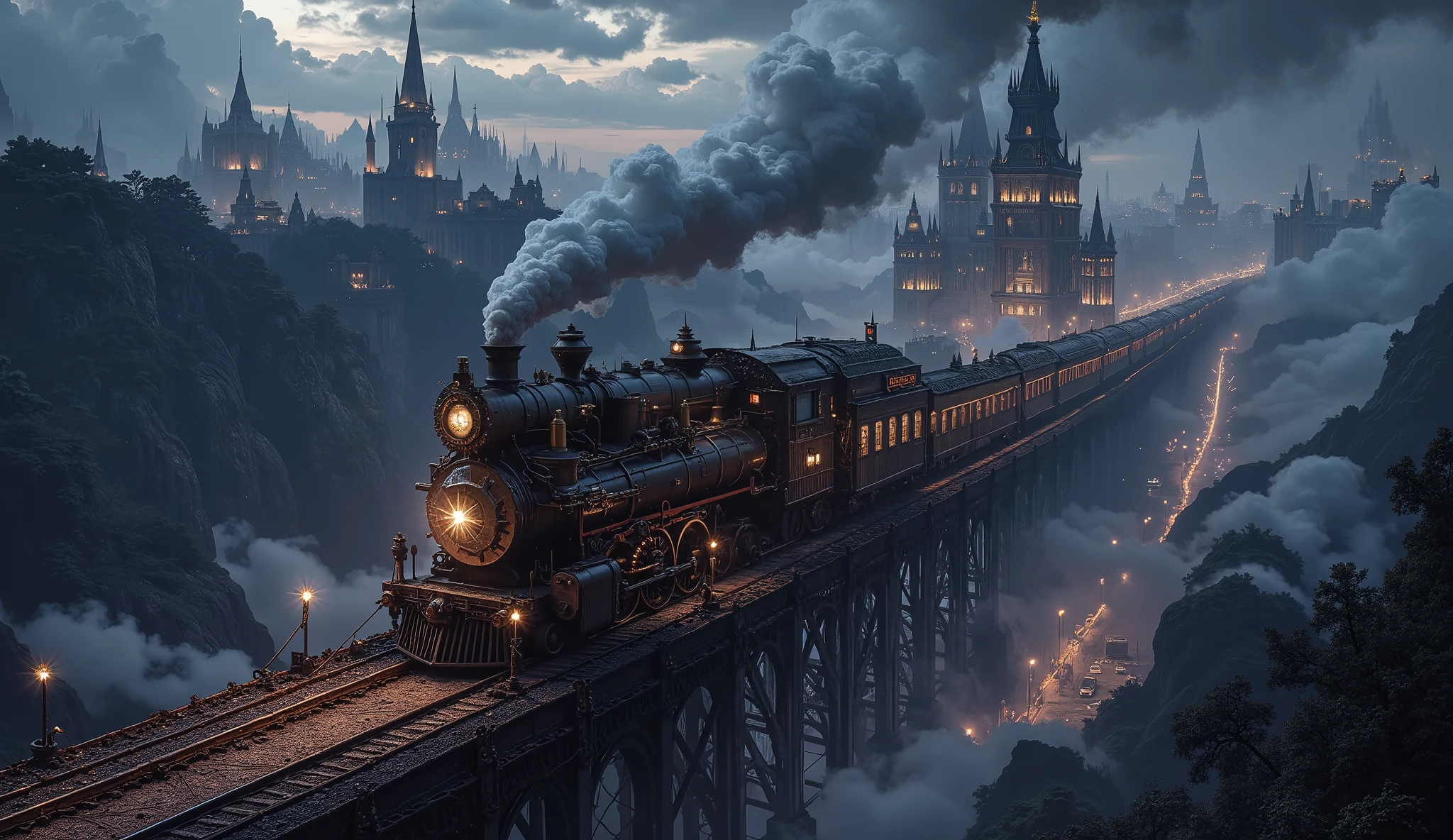 (ファンタジースチームパンクの派手でかっこいい豪華絢爛な魔法のsteam engine 都市のネオンのホテル街をフードを着た騎士2人が歩くシーン)(large city, muitos metais 、brass 、gear、 railway bridge、 reinforcement 、steel structure、gear、steam engine , aerial photography 、 lindo céu noturno estrelado、