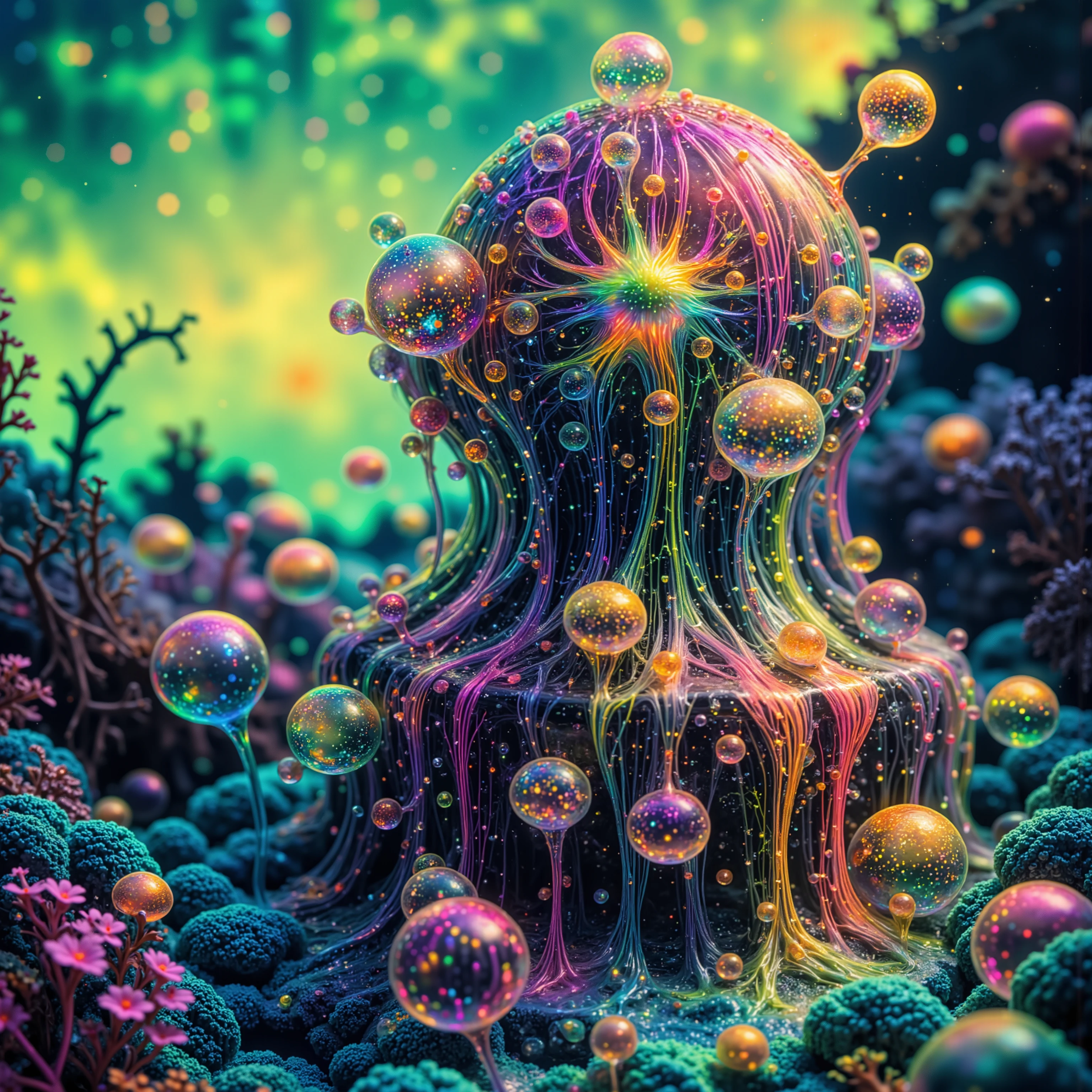 Psychedelic digital art,ultra-detailed vibrant fluorescent neon colors,intricate rainbow glass-like environment,shimmering glass bubbles morphing out of swirling colors,glowing light and reflection,4d mandelbulb psychedelic landscape,bright overexposed backlighting with depth of field,award winning masterpiece,pixel art,portrait photography,photorealistic,hyperdetailed,glass morphism,sparkle,optical illusion,rotational symmetry,best quality,8k,ultra-fine detailsWithin the black of the abyss, intense bright, colorful, perfectly symmetrical glass spheres containing the glowing light of acidzlime within the glass.Smaller glass orbs beneath that melt and drip vibrant colorful symetrical patterns that cover the ground and merge together in a quilt of intricate and complex designs. High fantasy, magical effects,Portrait photography, cinematic photography, photorealistic UHD, intricate, complex, attention to detail, optical illusions, unique patterns and designs, avant garde, masterpiece. Light is emerging from colors in a psychedelic dream, shimmering glass morphing out of colors, tripped out vibrant colors, perfectly formed beautiful reflective bubbles, attention to detail on the bubbles and spheres, beautiful psychedelic digital art, pixel art, trippy colors, 4d mandelbulb psychedelics, glass like psychedelic landscape, intricate rainbow environment, psychedelic underwater brightness, neon colors, bright colors, psychedelic trip, fluorescent psychedelic aesthetic, psychedelic vibrant colors, bright psychedelic neon colors, paint splattered backgrounds,swirling spirals and vortex, bright vibrant colors popping out from 3d glass spheres, Pixel Assets, Portrait photography, surrealism, Photorealistic, Hyperdetailed, Glass Morphism, Digital Art, Sparkle, Optical Illusion, Glowing Light, Reflection Light, Overexposure, Backlighting, Depth Of Field, Rotational Symmetry, UHD, High Details, High Quality, Super Detailed, Best Quality, Award Winning, Masterpiece.