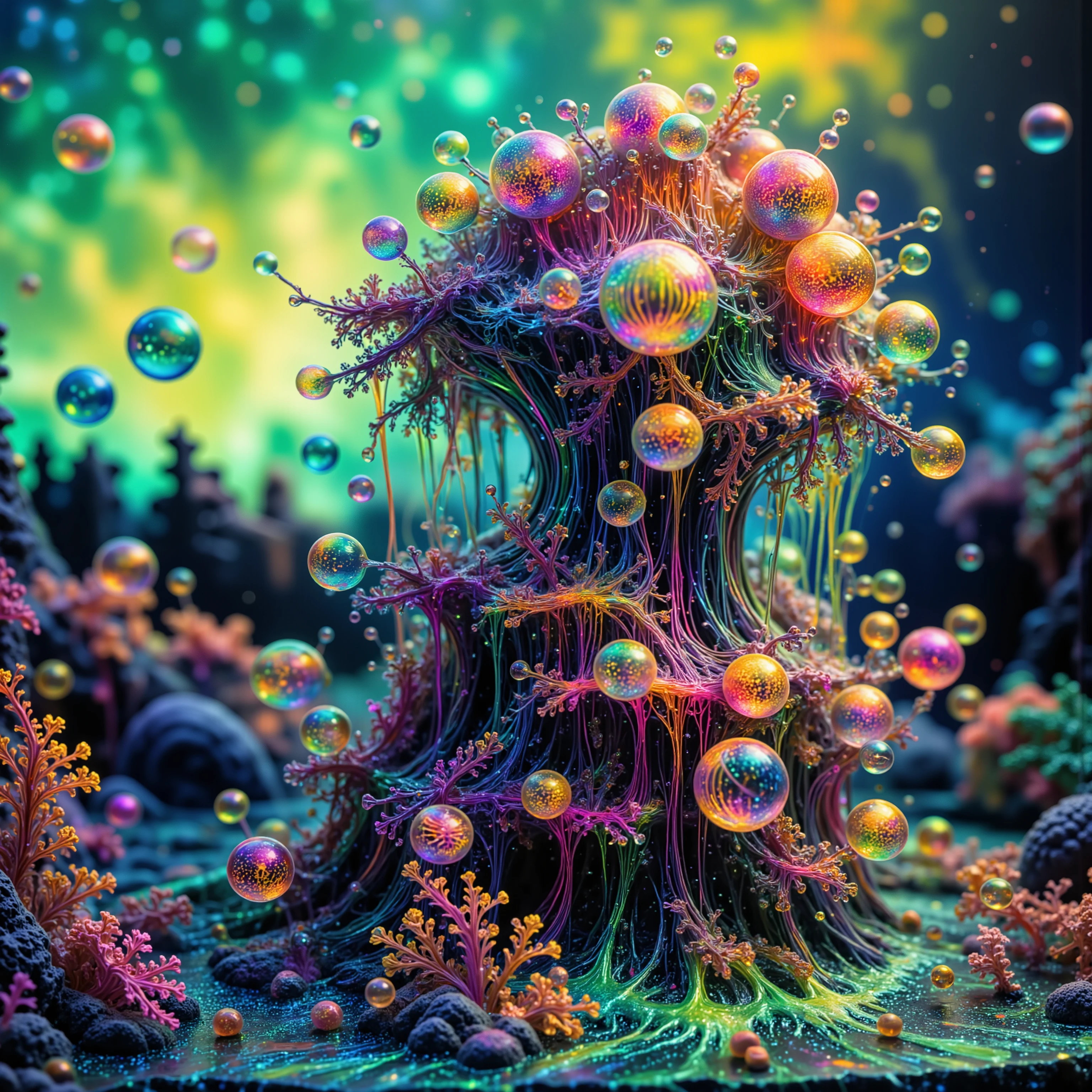 Psychedelic digital art,ultra-detailed vibrant fluorescent neon colors,intricate rainbow glass-like environment,shimmering glass bubbles morphing out of swirling colors,glowing light and reflection,4d mandelbulb psychedelic landscape,bright overexposed backlighting with depth of field,award winning masterpiece,pixel art,portrait photography,photorealistic,hyperdetailed,glass morphism,sparkle,optical illusion,rotational symmetry,best quality,8k,ultra-fine detailsWithin the black of the abyss, intense bright, colorful, perfectly symmetrical glass spheres containing the glowing light of acidzlime within the glass.Smaller glass orbs beneath that melt and drip vibrant colorful symetrical patterns that cover the ground and merge together in a quilt of intricate and complex designs. High fantasy, magical effects,Portrait photography, cinematic photography, photorealistic UHD, intricate, complex, attention to detail, optical illusions, unique patterns and designs, avant garde, masterpiece. Light is emerging from colors in a psychedelic dream, shimmering glass morphing out of colors, tripped out vibrant colors, perfectly formed beautiful reflective bubbles, attention to detail on the bubbles and spheres, beautiful psychedelic digital art, pixel art, trippy colors, 4d mandelbulb psychedelics, glass like psychedelic landscape, intricate rainbow environment, psychedelic underwater brightness, neon colors, bright colors, psychedelic trip, fluorescent psychedelic aesthetic, psychedelic vibrant colors, bright psychedelic neon colors, paint splattered backgrounds,swirling spirals and vortex, bright vibrant colors popping out from 3d glass spheres, Pixel Assets, Portrait photography, surrealism, Photorealistic, Hyperdetailed, Glass Morphism, Digital Art, Sparkle, Optical Illusion, Glowing Light, Reflection Light, Overexposure, Backlighting, Depth Of Field, Rotational Symmetry, UHD, High Details, High Quality, Super Detailed, Best Quality, Award Winning, Masterpiece.