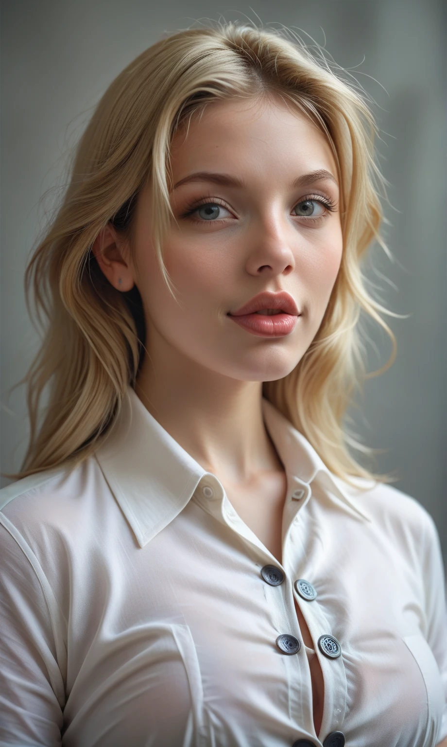 Rosto de uma mulher, americana, 30 anos, pale skin and freckles, olhos cinzas, nariz delicado, soft and delicate lips, cabelo blondie cinza longo e ondulado, ultrarrealista HD fotorrealista altamente renderizado sorriso cativante, foto colorida