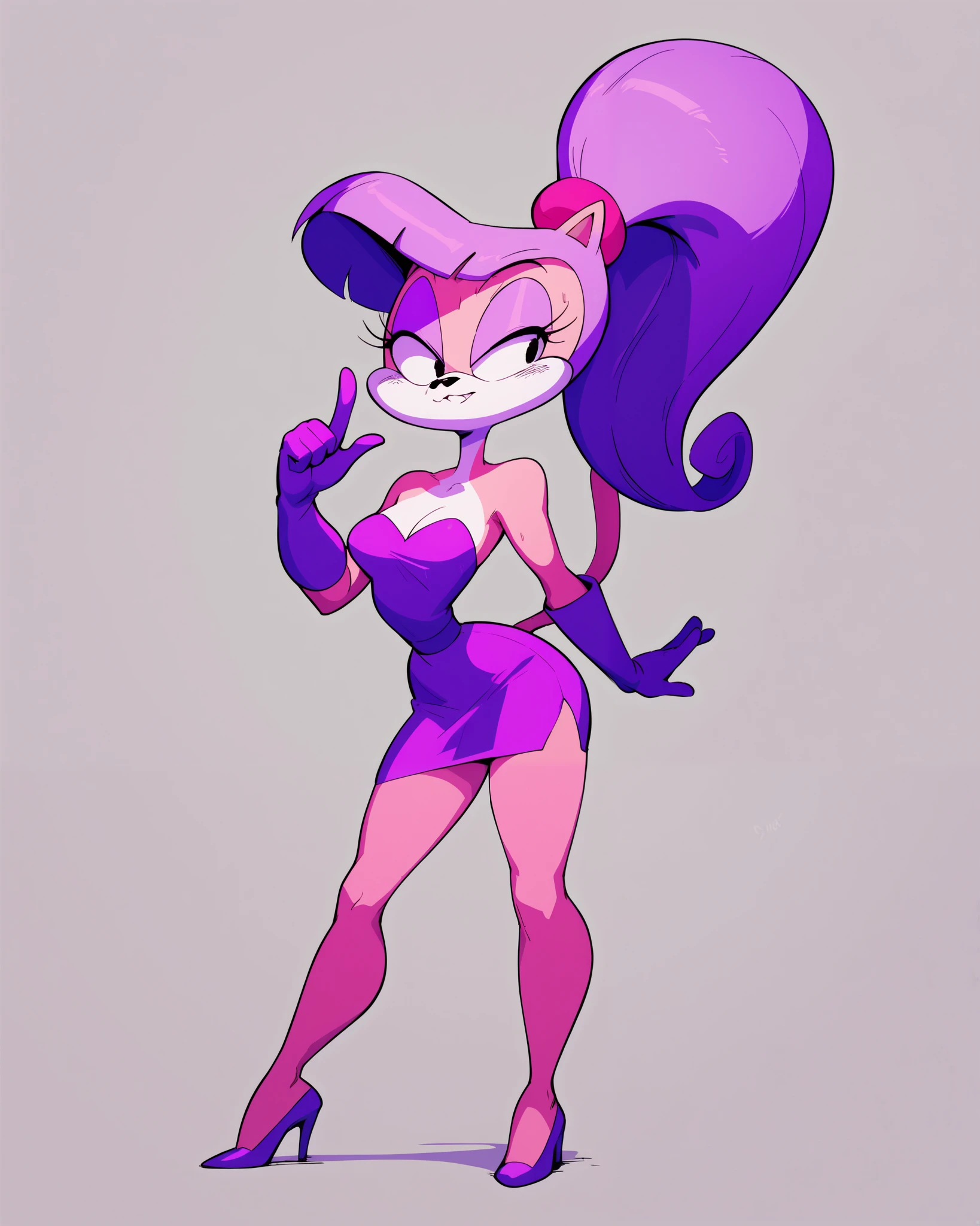 A medium shot of Lady Lumious, an anthropomorphic light purple cat character. She is standing in a dynamic pose, with one finger raised. She wears a strapless pink short dress with white trim on the top. Purple long gloves. Purple high heels. Her long, purple hair is styled in a high ponytail. She has a light purple tail, she is using purple technology powers on their hands, tiny toons style, by diives, 