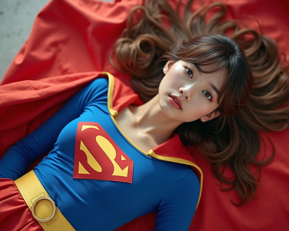 ((perfect anatomy, anatomically correct, super detailed skin))), 1 woman, ((super girl suit, Supergirl Mellissa Benoist)), from front, shiny skin, detailed hair, detailed face, detailed eyes, (long hair:1.5, brunette hair:1.7), natural bangs:1.4, hair between eye, blonde hair, blue eyes, babyface, lip gloss, beautiful body, normal breasts, beautiful thighs, beautiful legs, camel toe, ((detailed cloth texture, torn clothes, pantyhose, boots)), beautiful scenery, summer, (lying on back:1.4), ((close eyes:1.6)), (unconsciousness), (defeated from fighting), laying on the street, (8k, top quality, masterpiece​:1.2, extremely detailed), (realistic, photorealistic:1.4), beautiful illustration, natural lighting, (semen on forehead:1.2), (semen on hair:1.8),