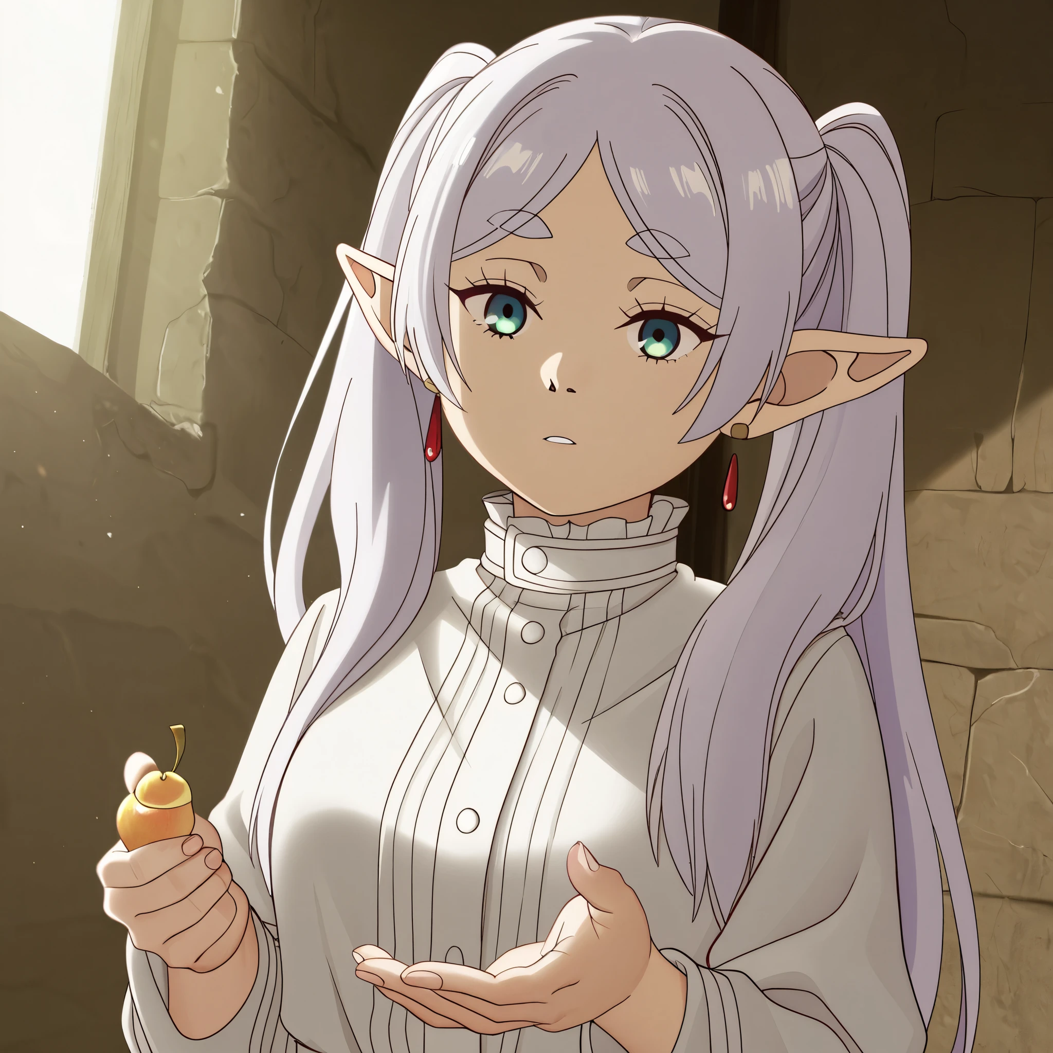A image about the character "Frieren" from "Sousou no Frieren" with her usual outfit for journey, alone in a white room, only from his chest up, admiring a pear, the pear in one of her hand.