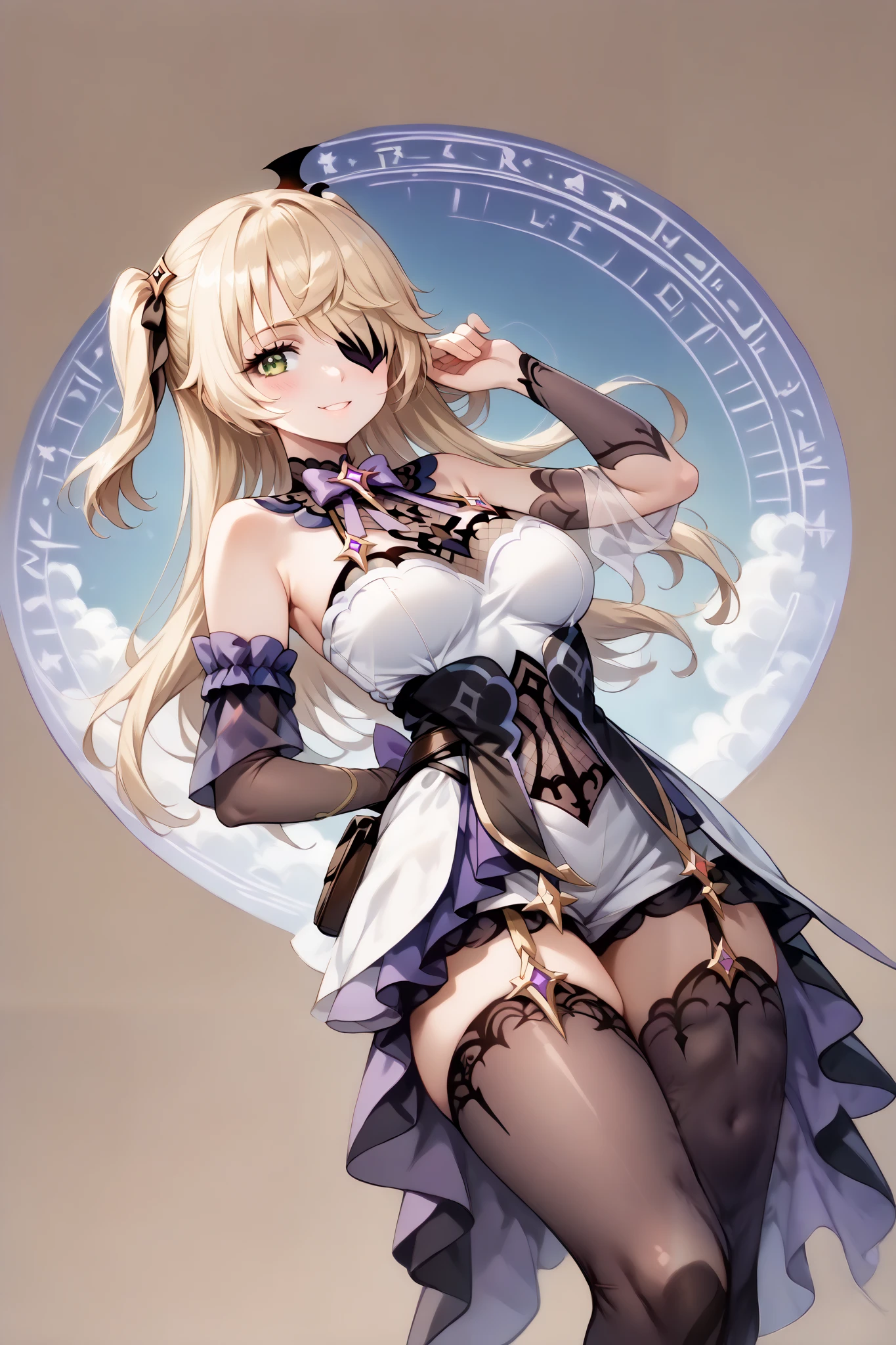 score_9, score_8_up, score_7_up, source_anime, 4K,perfect fingers,(perfect hands, perfect anatomy),prefect lighting, very aesthetic, intricate details,highly detailed background, masterpiece, high quality, best quality,
1girl,solo, fischl, fischl, long hair, bangs, blonde hair, ribbon, green eyes, hair ribbon, hair over one eye, two side up, eyepatch, large breasts,,
wearing ((sleeveless off-white top with a gold neckline and a teal-colored,short,flowing dress or tunic, The dress has gold trim and a geometric pattern along the hemline, Brown straps cross her waist,  She has gold arm bands on her forearms and wears white or light-colored, sheer sleeves under her arms, A small dark brown pouch or satchel is attached to her belt, )),,
((White plain background:1.5)) , looking at viewer, smile,(perfect hands, perfect anatomy),filed, high thigh individual , fullbody,Stand up,((front look:1.5)),