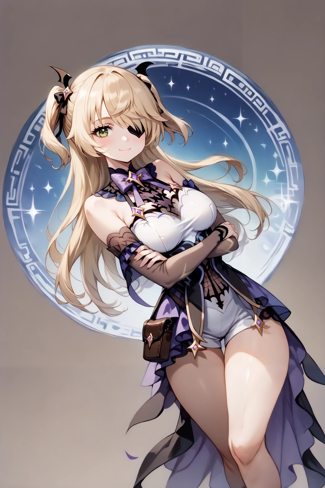 score_9, score_8_up, score_7_up, source_anime, 4K,perfect fingers,(perfect hands, perfect anatomy),prefect lighting, very aesthetic, intricate details,highly detailed background, masterpiece, high quality, best quality,
1girl,solo, fischl, fischl, long hair, bangs, blonde hair, ribbon, green eyes, hair ribbon, hair over one eye, two side up, eyepatch, large breasts,,
wearing ((sleeveless off-white top with a gold neckline and a teal-colored,short,flowing dress or tunic, The dress has gold trim and a geometric pattern along the hemline, Brown straps cross her waist, She has gold arm bands on her forearms and wears white or light-colored, sheer sleeves under her arms, A small dark brown pouch or satchel is attached to her belt, )),,
((White plain background:1.5)) , looking at viewer, smile,(perfect hands, perfect anatomy),filed, high thigh individual , fullbody,Stand up,((front look:1.5)),
