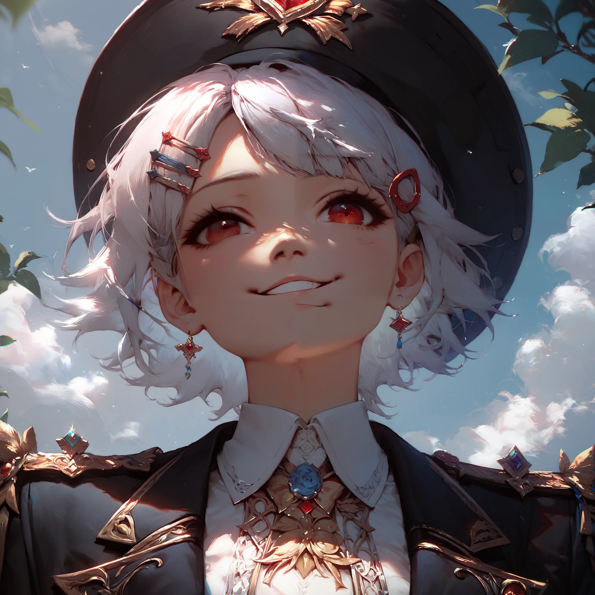 chambers,idol, Masterpiece ,best quality, white hair, red eyes,white shirt,(black formal hat),(hair clip:1.3),(Small native mouth:1.3), smile,High definition,4K,separate black sleeves, upper body,