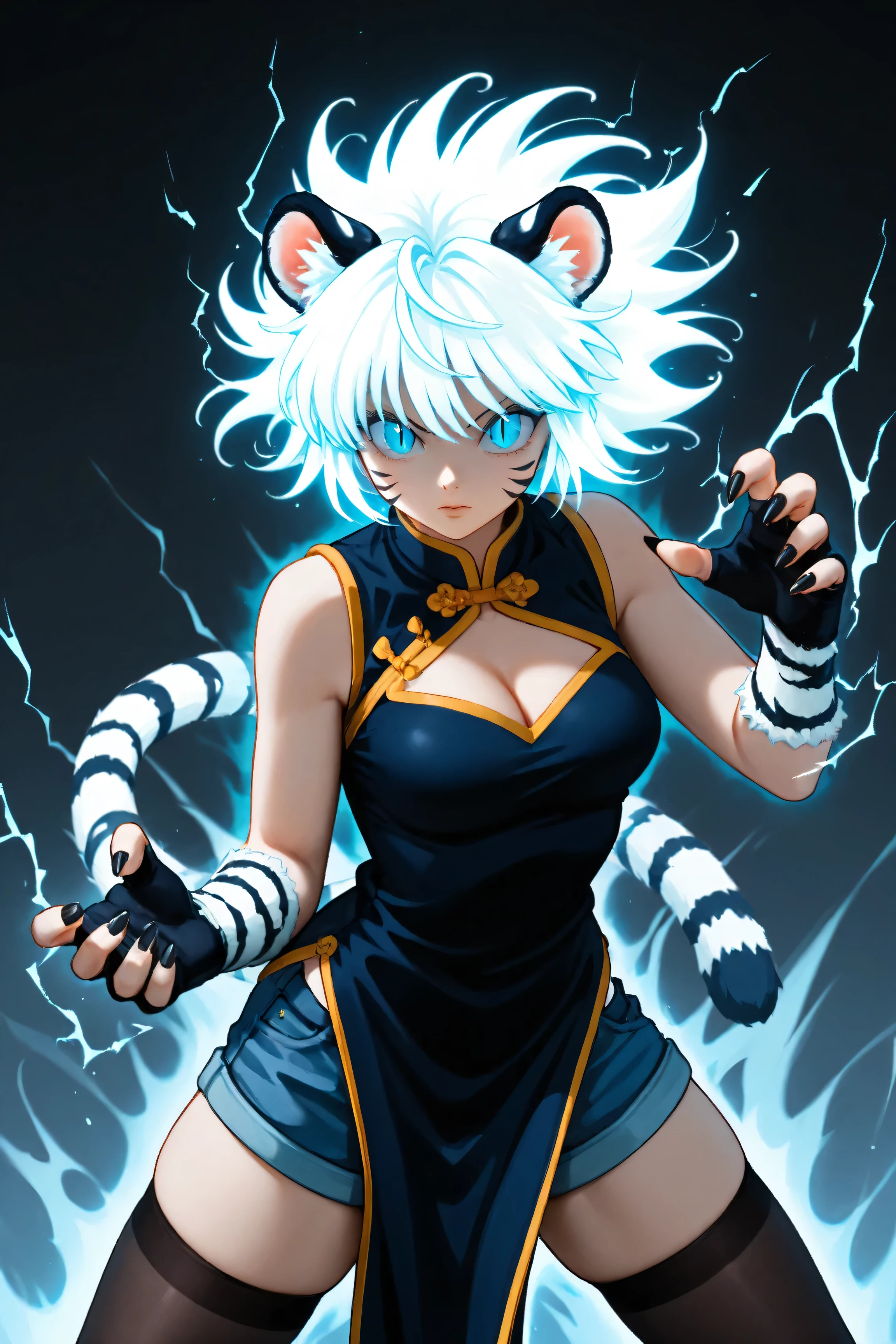 1girl, animal ear fluff, animal ears, aura, black dress, black gloves, black nails, black thighhighs, blue eyes, blue shorts, breasts, china dress, chinese clothes, claws, cleavage, closed mouth, denim, dress, electricity, electrokinesis, fighting stance, fingerless gloves, floating hair, gloves, glowing eyes, glowing hair, long sleeves, looking at viewer, medium breasts, nen (hunter x hunter), pelvic curtain, sharp nails, short hair, shorts, sleeveless dress, slit pupils, solo, standing, tail, thighhighs, tiger ears, tiger girl, tiger tail, whisker markings, white hair,